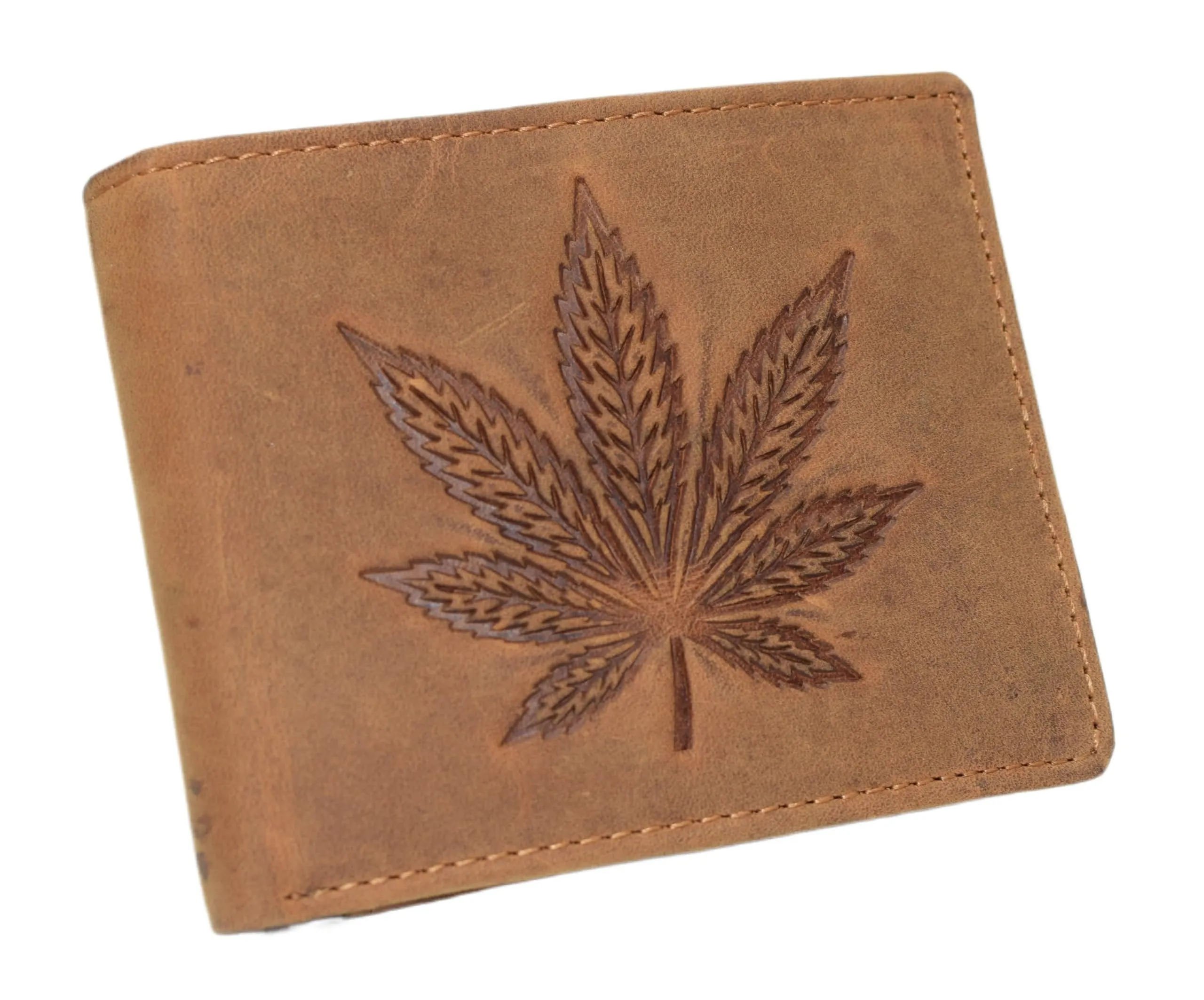 Save Big Online Marshal Marijuana Leaf Embossed Design Men'S Bifold Vintage Leather Rfid Blocking Wallet