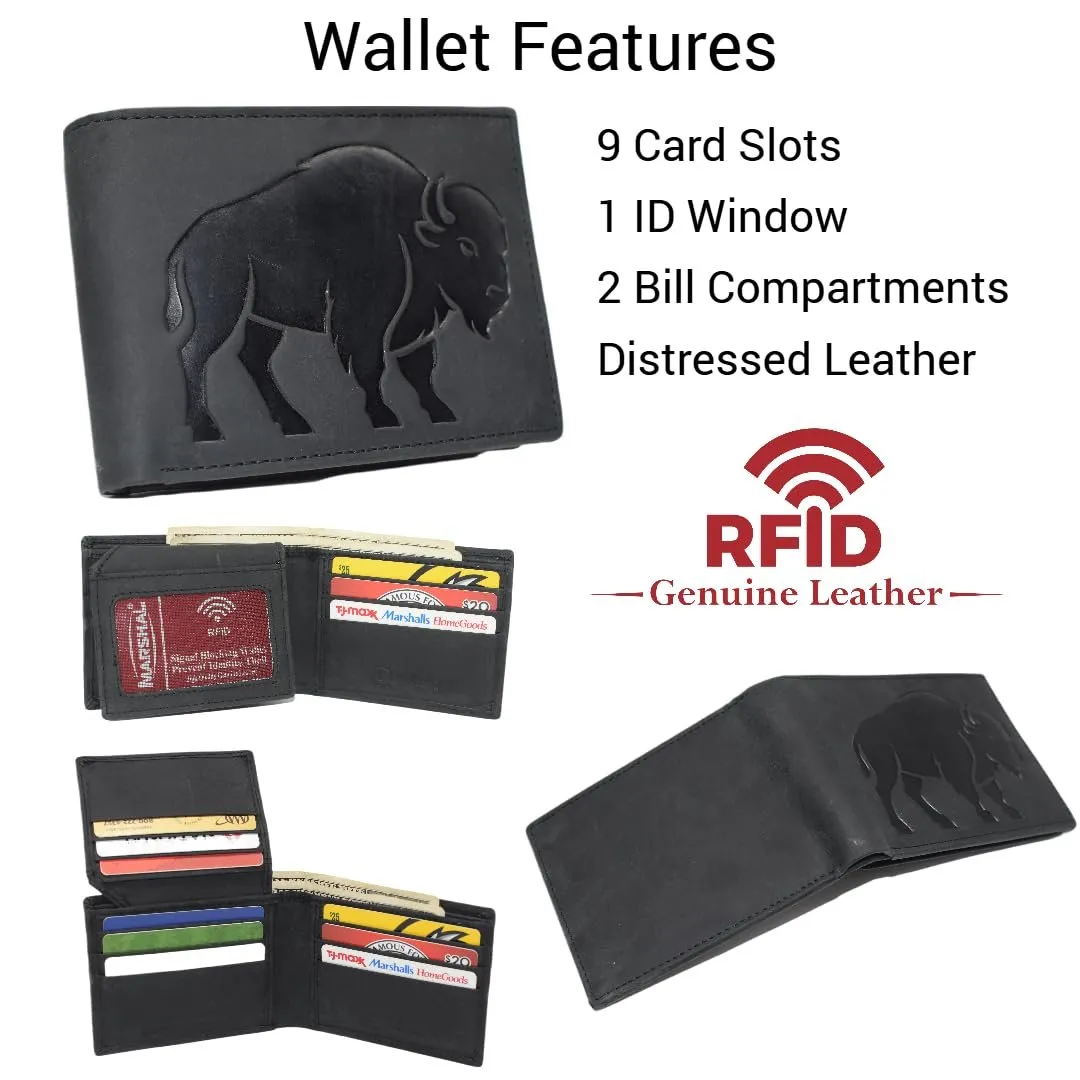Mega Discount Today Marshal Men'S Bison Design Genuine Leather Rfid Blocking Bifold Western Cowboy Wallet