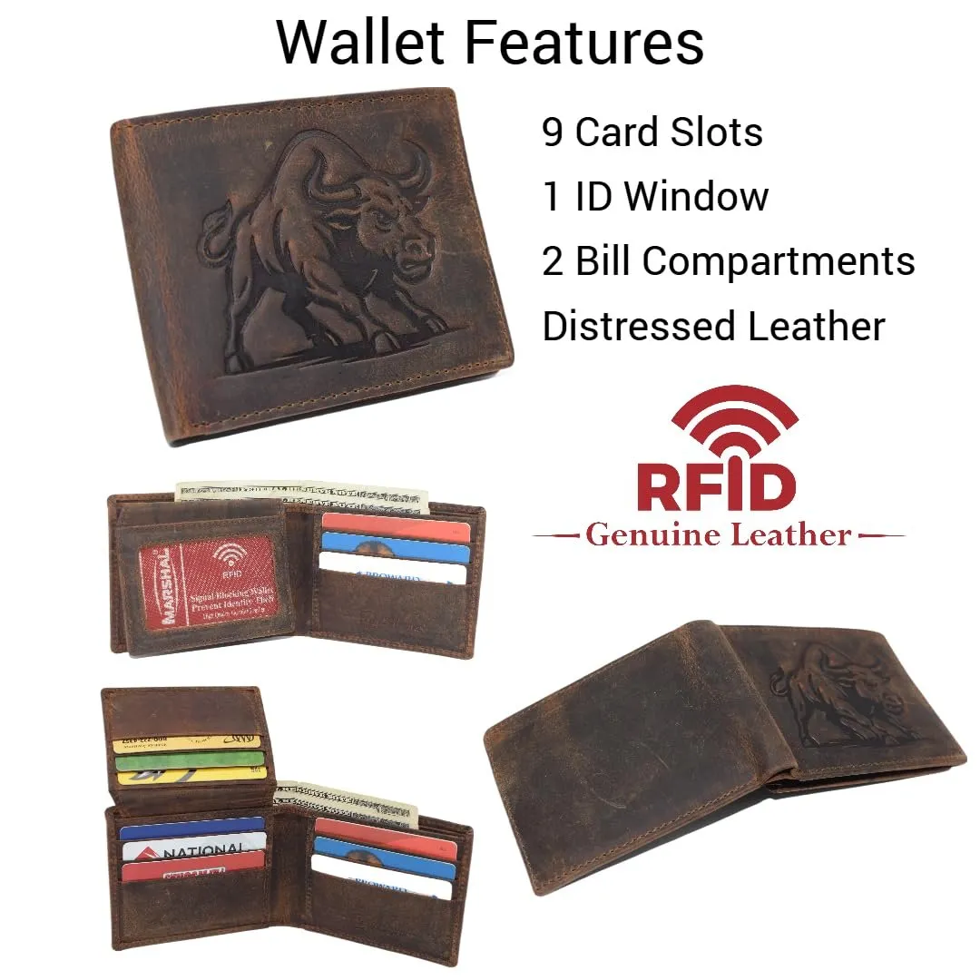 Perfect Gift Offer Marshal MenS Cowboy Western Wallet Rfid Blocking Vinatge Leather Bifold With Charging Bull Design (Brown)