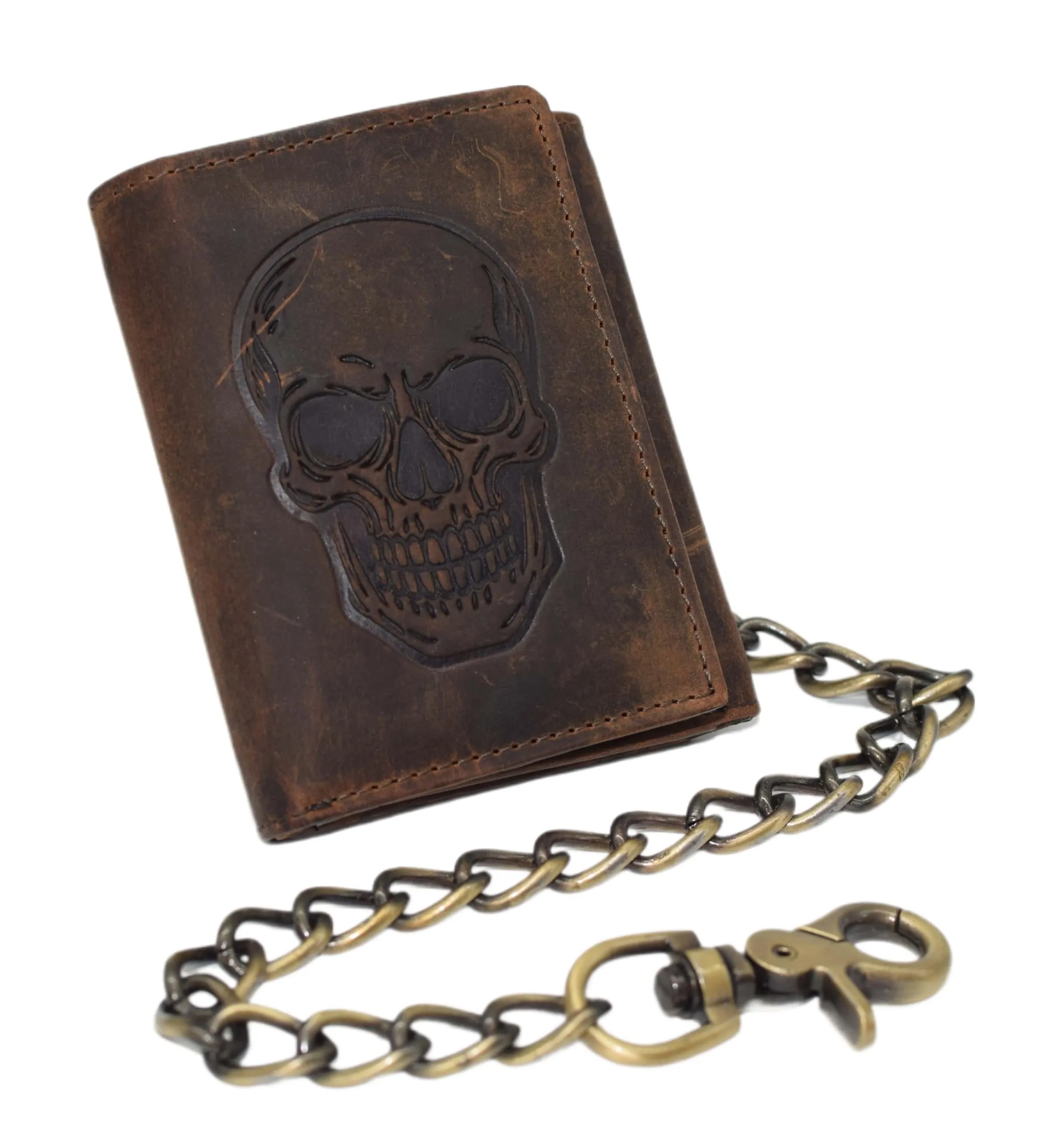 Marshal MenS Rfid Blocking Trifold Biker Chain Wallet  Vintage Genuine Leather Skull Design Wallet With Snap Closure Hot Offer Event Perfect Gift Sale