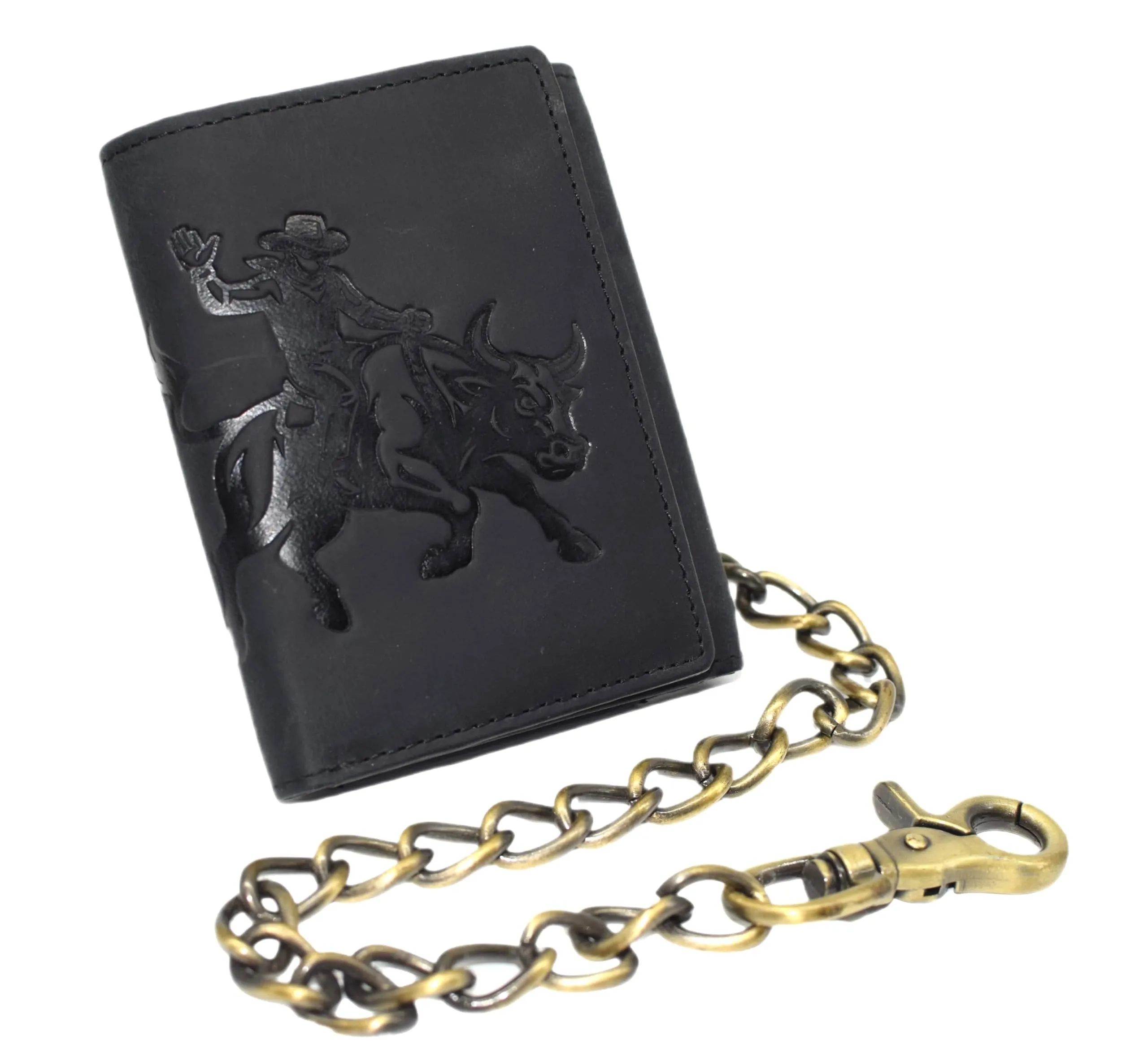 Marshal MenS Rfid Blocking Trifold Leather Chain Wallet  Bull Rider Western Cowboy Design  Snap Closure Biker Wallet Big Clearance Event