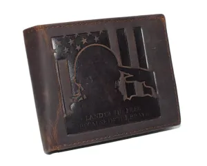 Flash Offer Today Marshal Men'S Vintage Genuine Leather Rfid Wallet With Military Tribute Design  'Land Of The Free, Because Of The Brave' Engraving, Western Style (Brown)