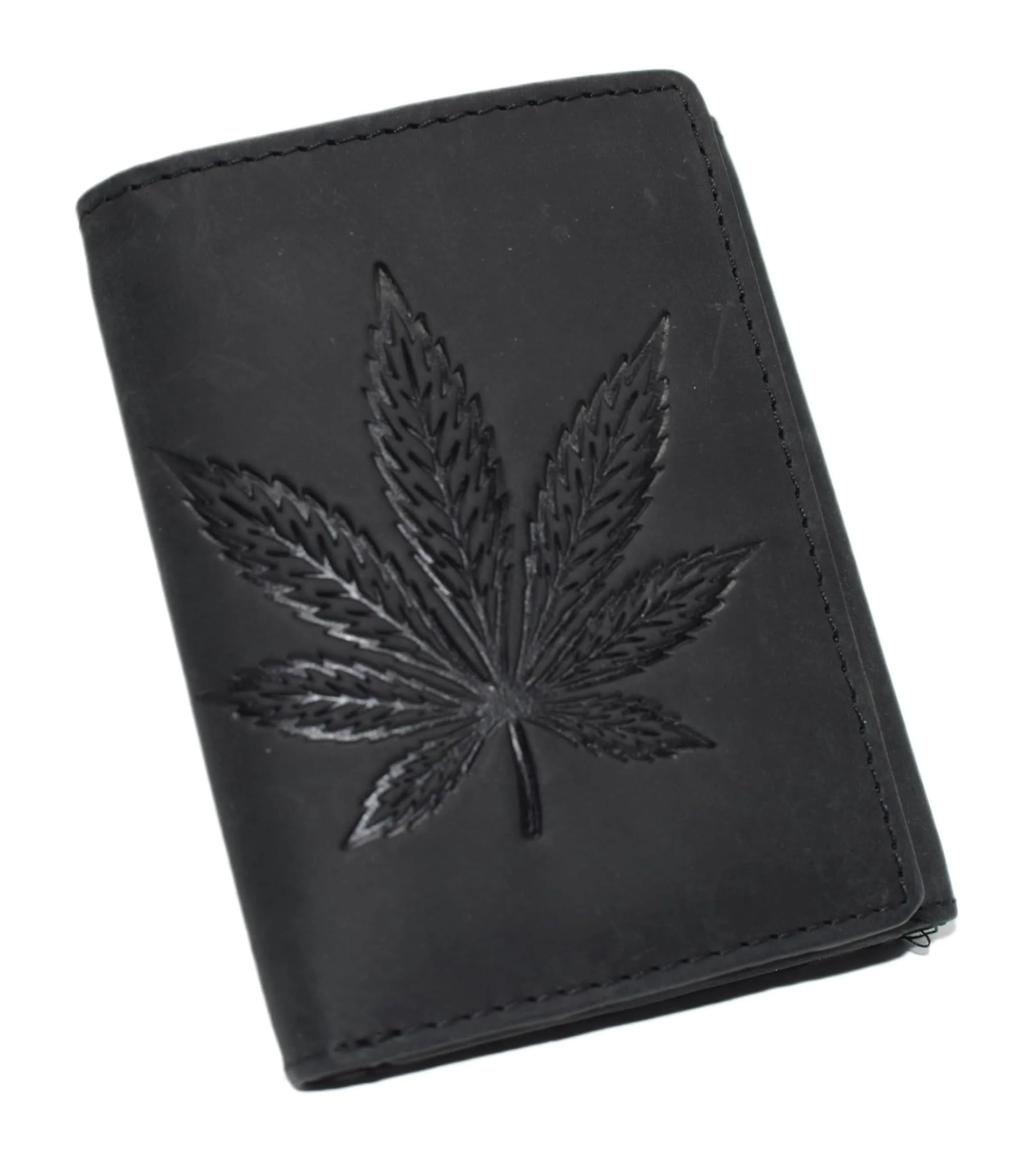 Marshal MenS Vintage Leather Chain Wallet  Trifold Rfid Blocking Biker Wallet With Embossed Marijuana Leaf & Snap Closure Special Online Offer Mega Sale Now