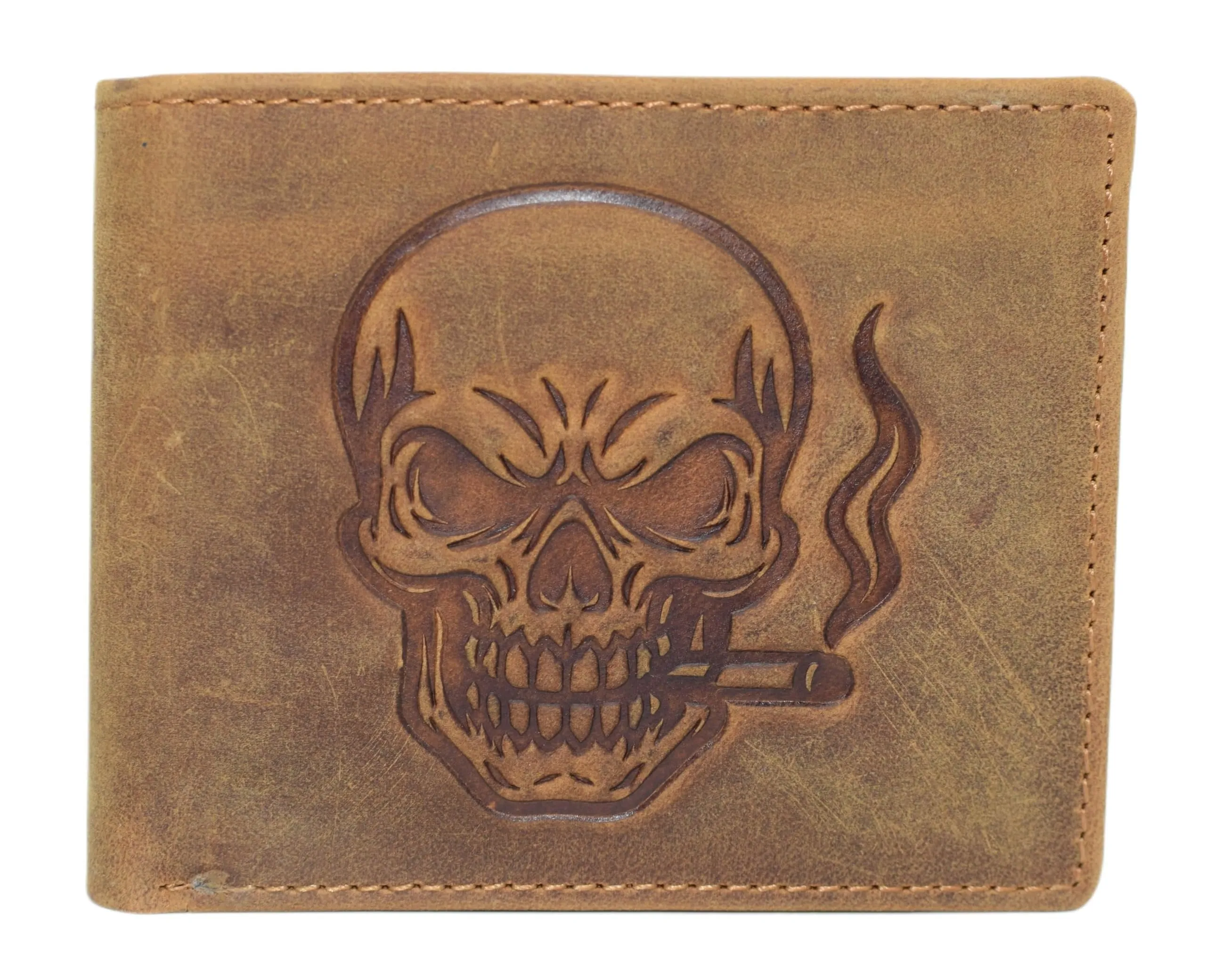 Last Chance Steal Marshal MenS Vintage Leather Rfid Blocking Bifold Wallet For Men With Smoking Skull Design