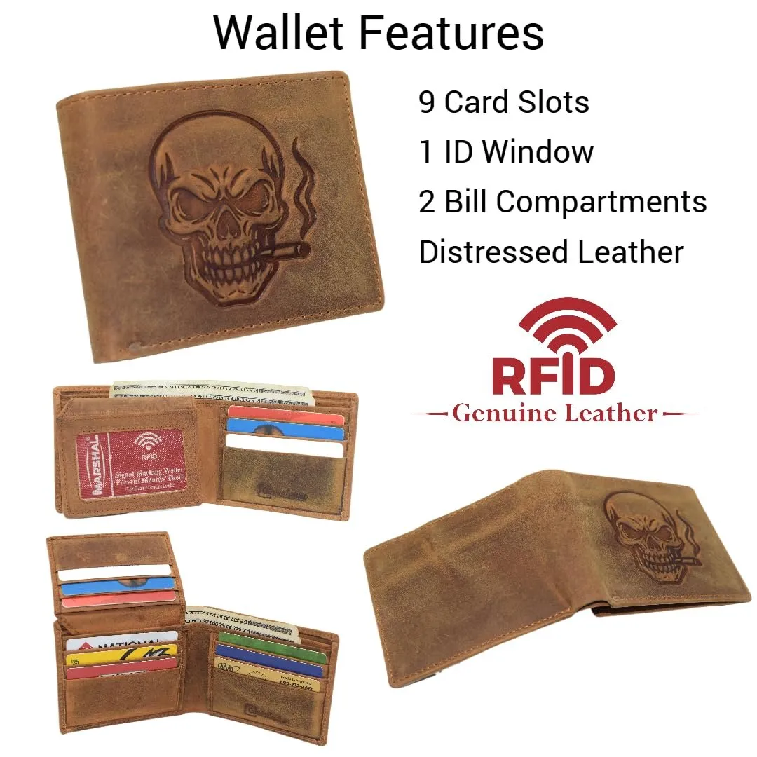 Best Seller Discount Daily Clearance Deal Marshal MenS Vintage Leather Rfid Blocking Bifold Wallet For Men With Smoking Skull Design