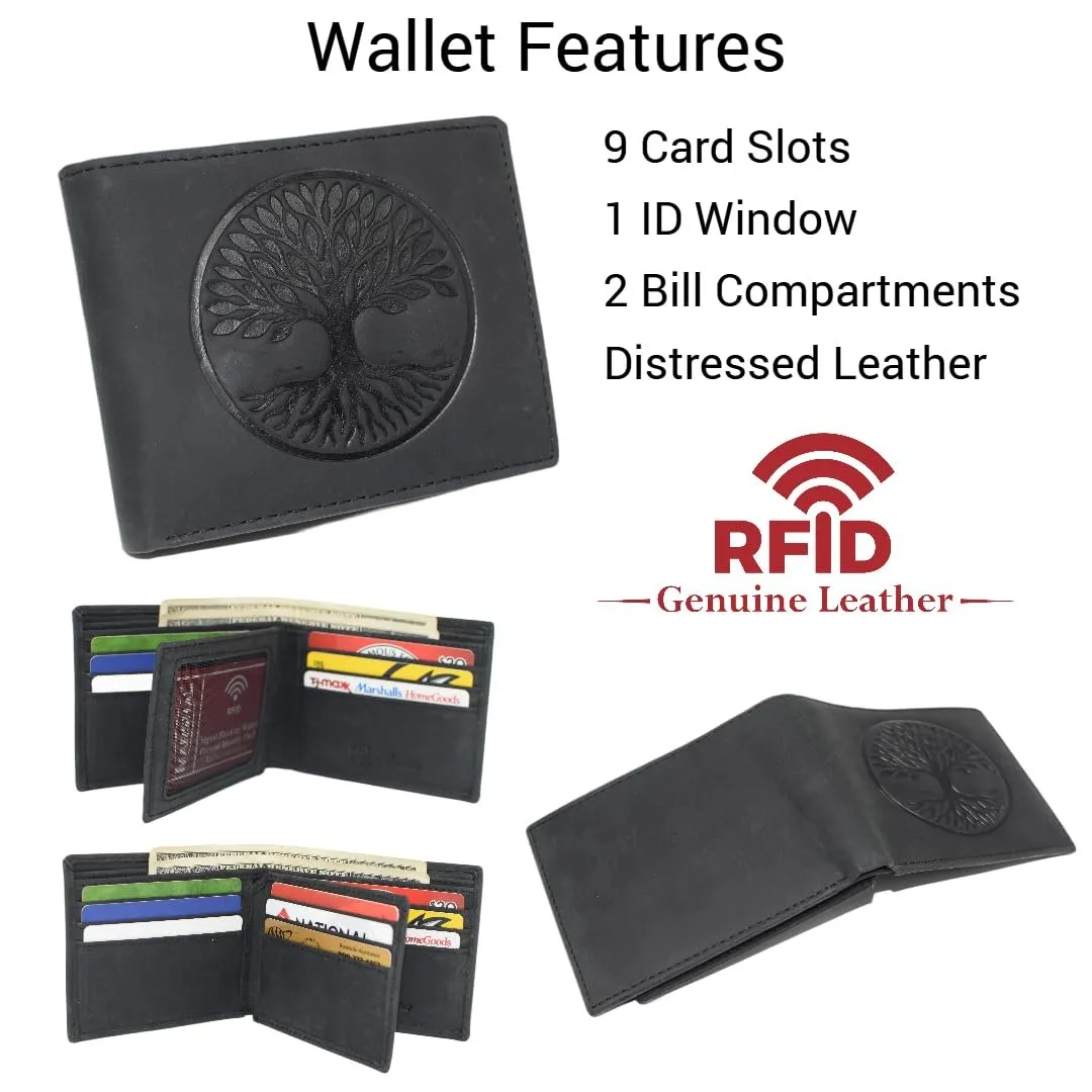 Best Deal Today Marshal Rfid Blocking Distressed Leather Bifold Wallet For Men With Tree Of Life Design