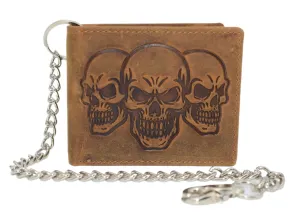 Special Steal Event Trending Hot Picks Marshal Triple Skull Bifold Wallet With Chain  Rfid Blocking Genuine Leather 3 Skull Design Biker Wallet (Tan)