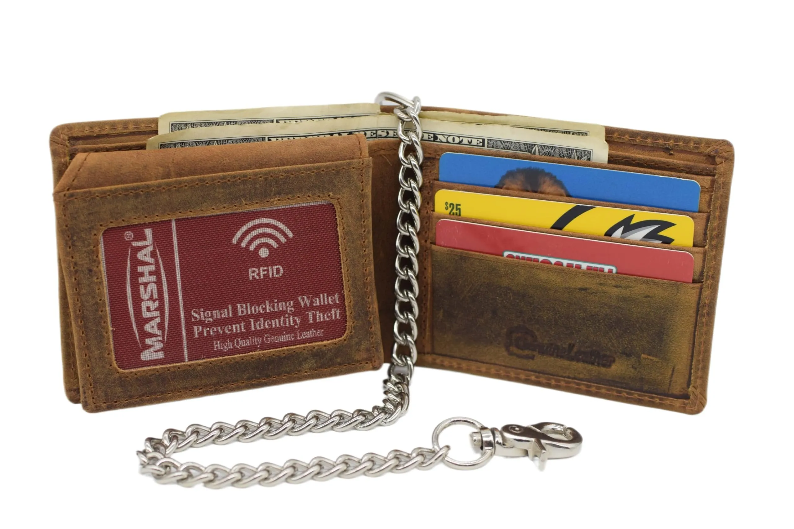 Marshal Triple Skull Bifold Wallet With Chain  Rfid Blocking Genuine Leather 3 Skull Design Biker Wallet (Tan) Grab It Fast