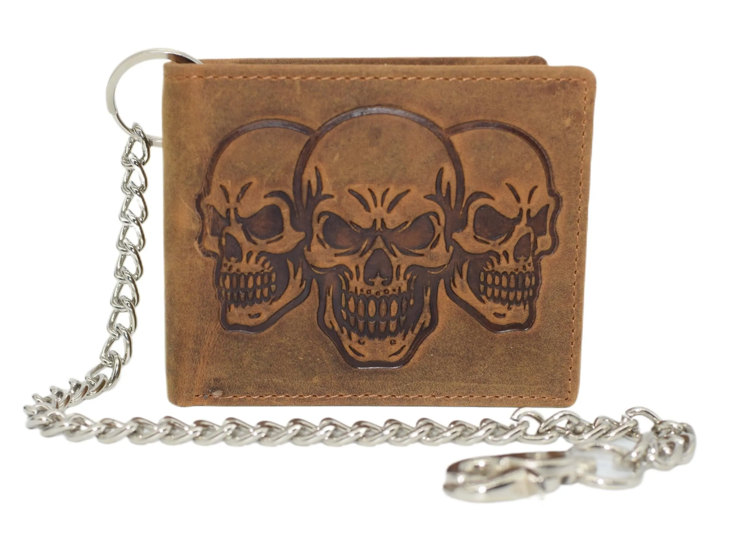 Special Steal Event Trending Hot Picks Marshal Triple Skull Bifold Wallet With Chain  Rfid Blocking Genuine Leather 3 Skull Design Biker Wallet (Tan)