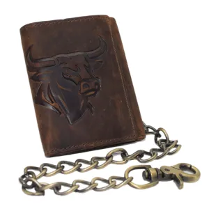Marshal Vintage Biker Trifold Wallet For Men  Rfid Blocking Genuine Leather Chain Wallet With Embossed Bull Head Design And Snap Closure Hot Offer Frenzy