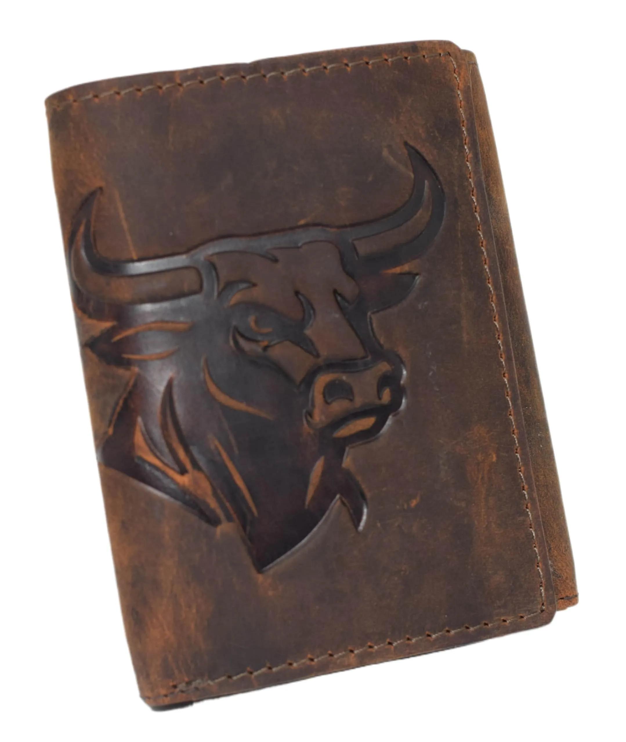 Marshal Vintage Biker Trifold Wallet For Men  Rfid Blocking Genuine Leather Chain Wallet With Embossed Bull Head Design And Snap Closure Daily Clearance Deal