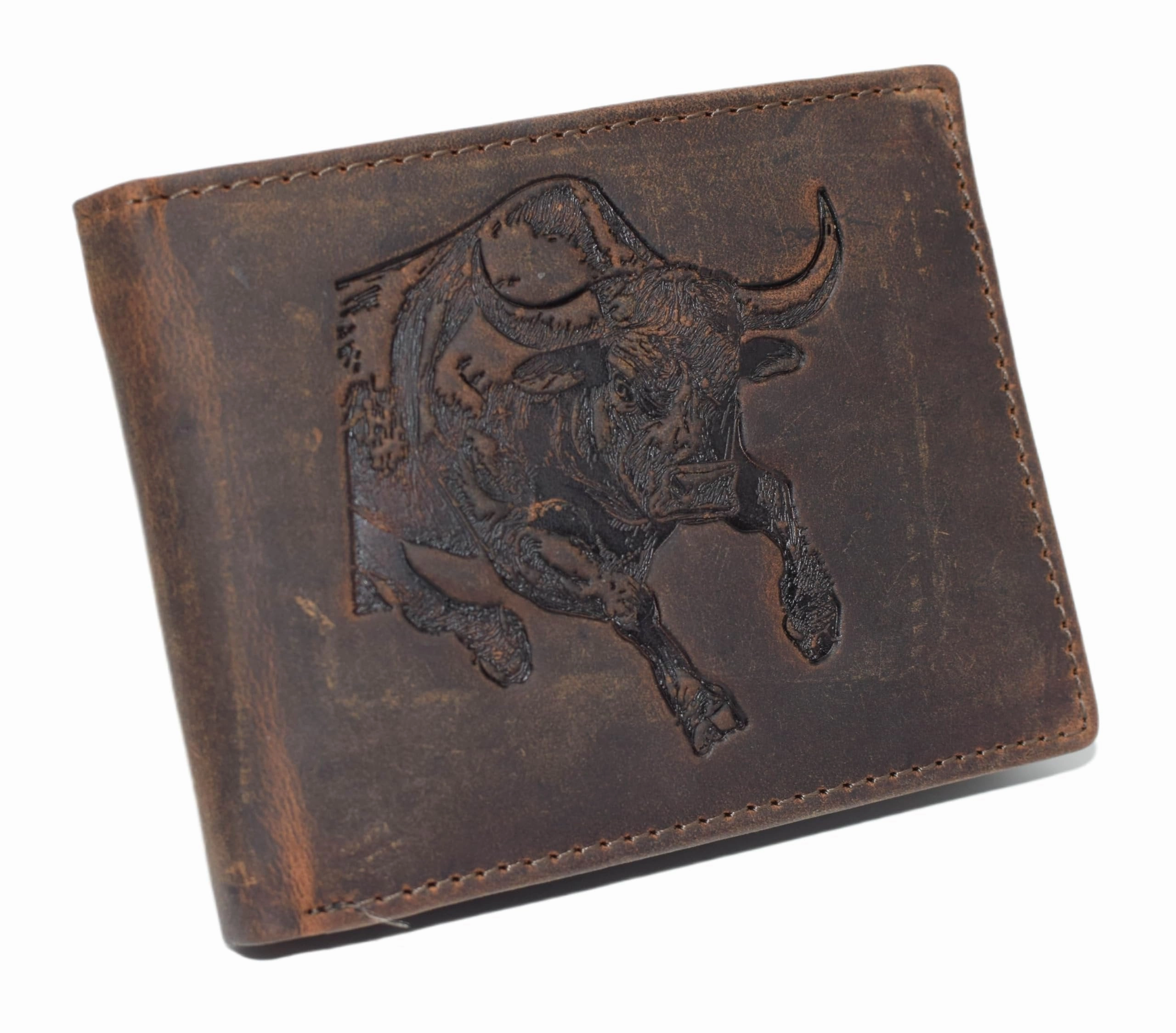 Special Deal Frenzy Marshal Bifold Western Cowboy Style Men'S Vintage Leather Rodeo Rfid Blocking Wallet  Bull Engraved Design