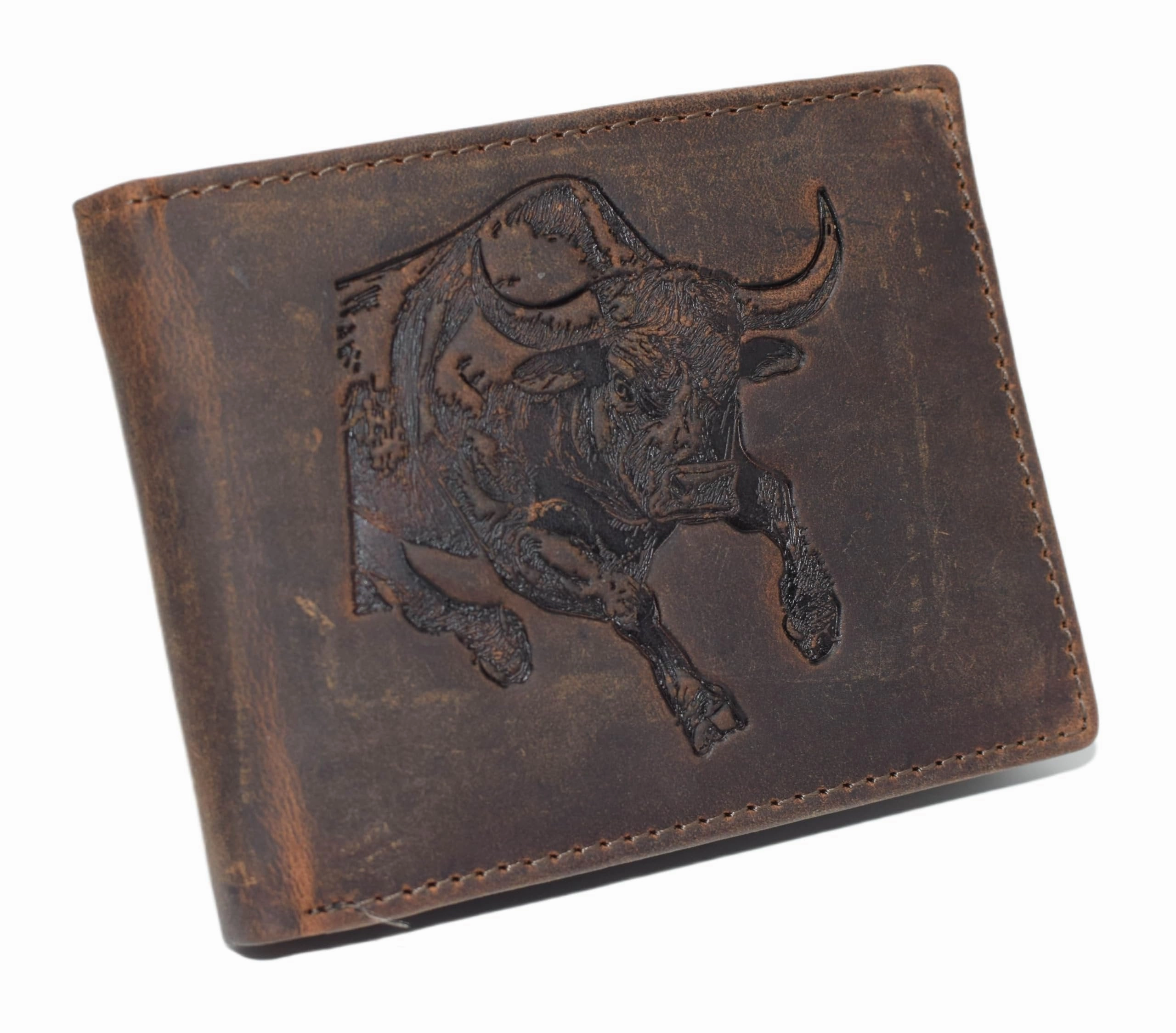 Special Deal Frenzy Marshal Bifold Western Cowboy Style Men'S Vintage Leather Rodeo Rfid Blocking Wallet  Bull Engraved Design