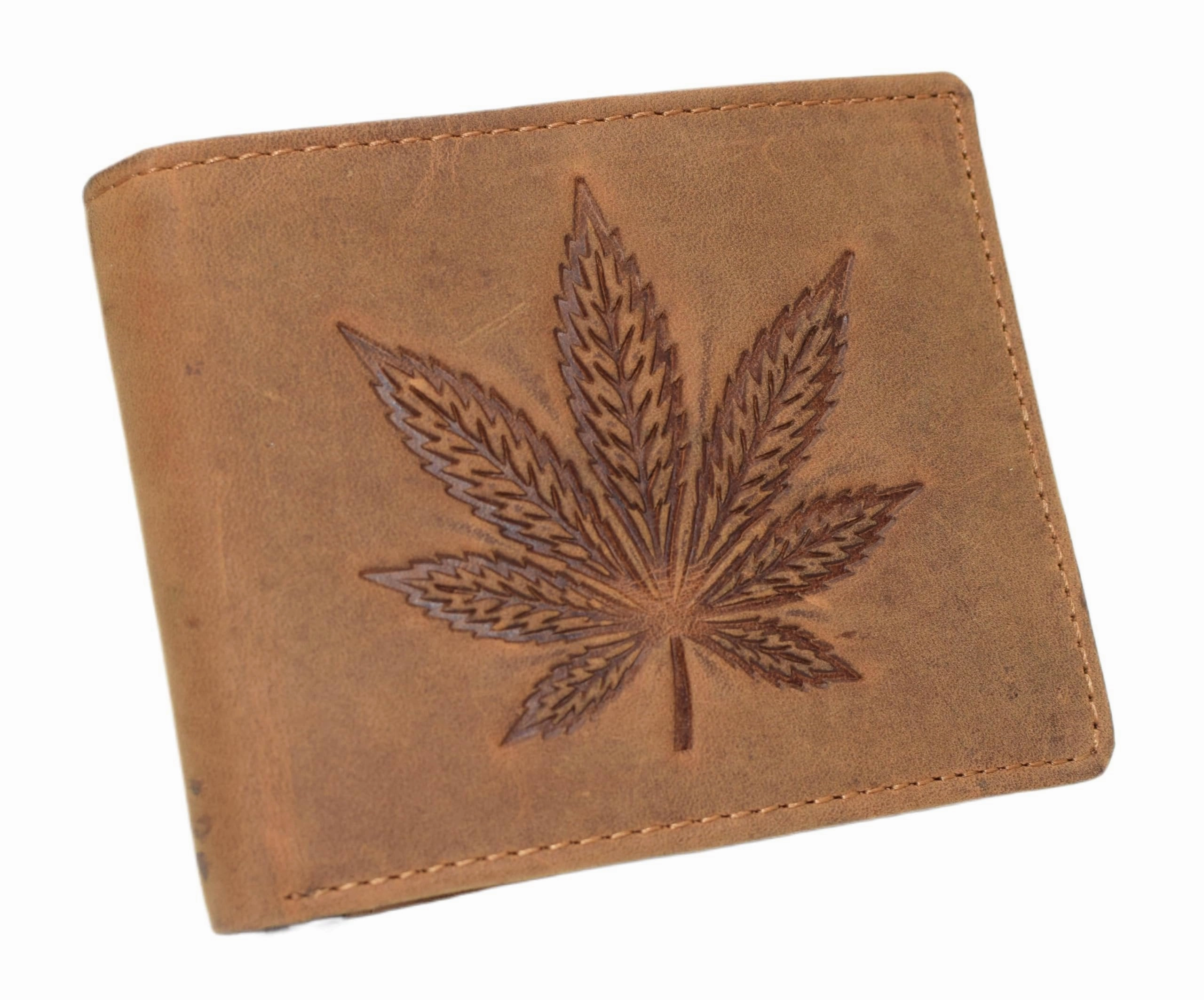 Save Big Online Marshal Marijuana Leaf Embossed Design Men'S Bifold Vintage Leather Rfid Blocking Wallet