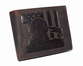 Flash Offer Today Marshal Men'S Vintage Genuine Leather Rfid Wallet With Military Tribute Design  'Land Of The Free, Because Of The Brave' Engraving, Western Style (Brown)
