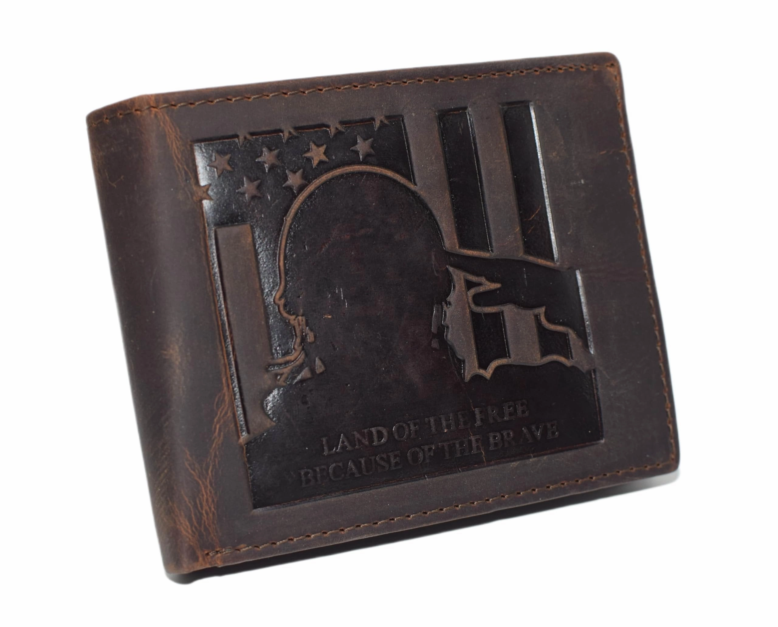 Flash Offer Today Marshal Men'S Vintage Genuine Leather Rfid Wallet With Military Tribute Design  'Land Of The Free, Because Of The Brave' Engraving, Western Style (Brown)