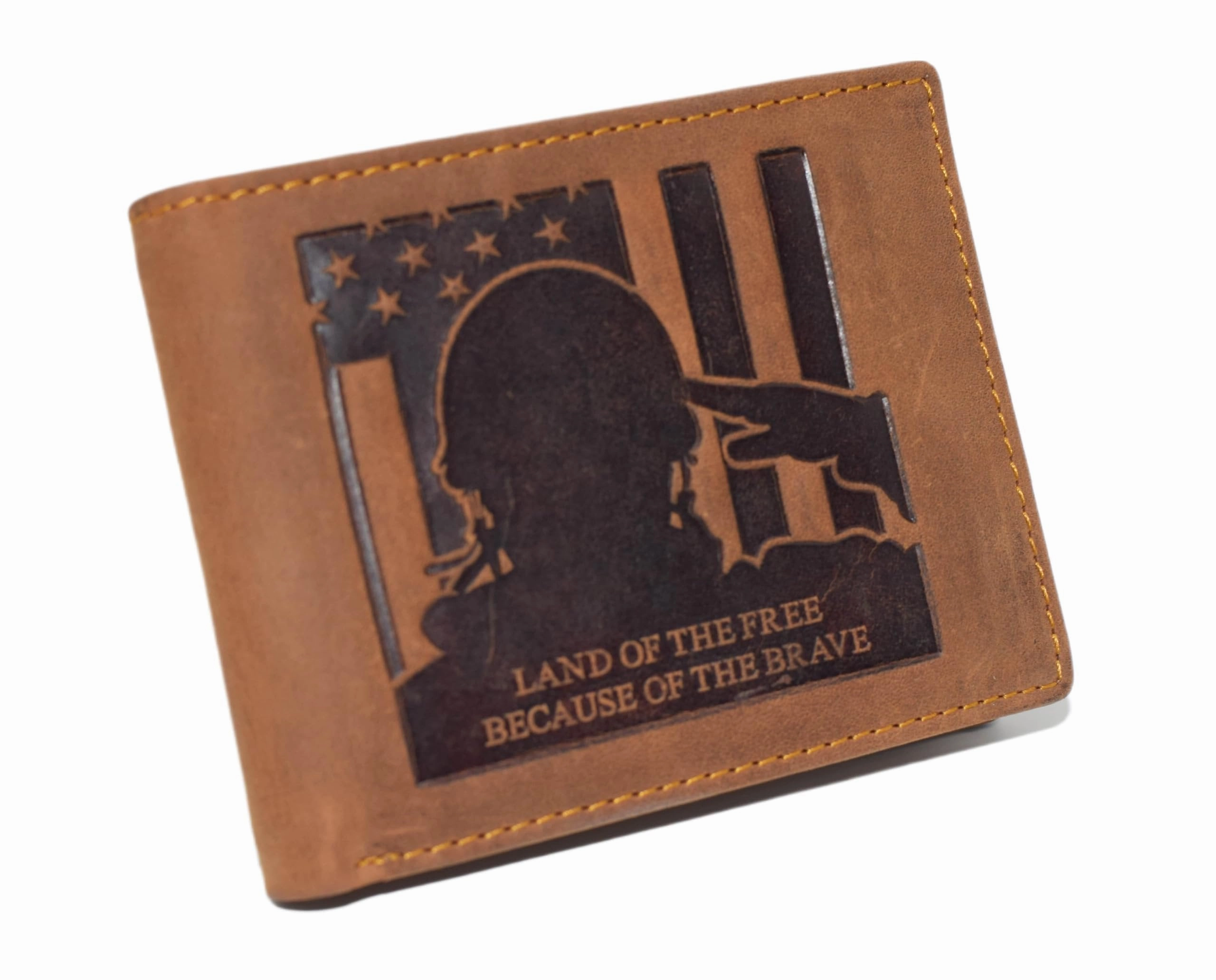 Trending Hot Picks Hot Pick Online Marshal Men'S Vintage Genuine Leather Rfid Wallet With Military Tribute Design  'Land Of The Free, Because Of The Brave' Engraving, Western Style (Brown)