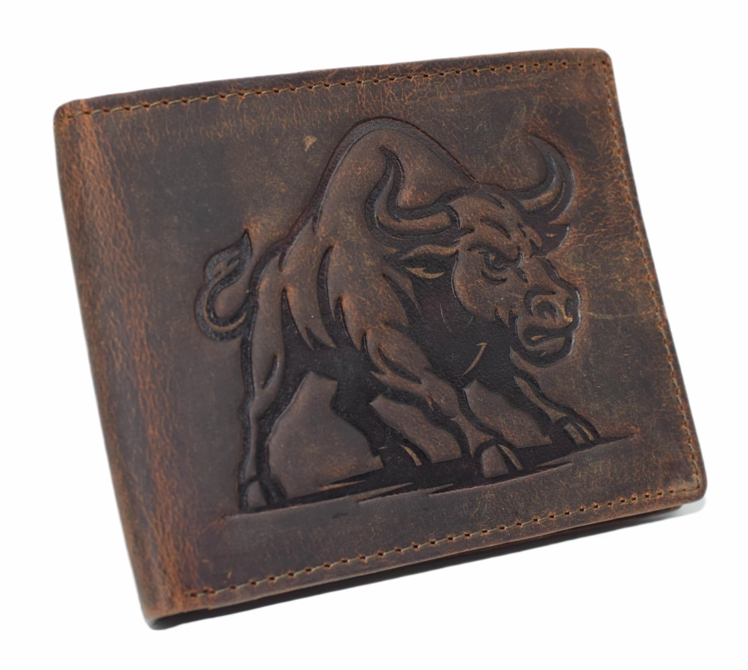Exclusive Holiday Deal Instant Deal Today Marshal MenS Cowboy Western Wallet Rfid Blocking Vinatge Leather Bifold With Charging Bull Design (Brown)