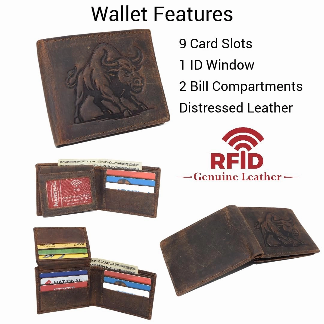 Perfect Gift Offer Marshal MenS Cowboy Western Wallet Rfid Blocking Vinatge Leather Bifold With Charging Bull Design (Brown)