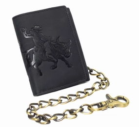 Marshal MenS Rfid Blocking Trifold Leather Chain Wallet  Bull Rider Western Cowboy Design  Snap Closure Biker Wallet Big Clearance Event