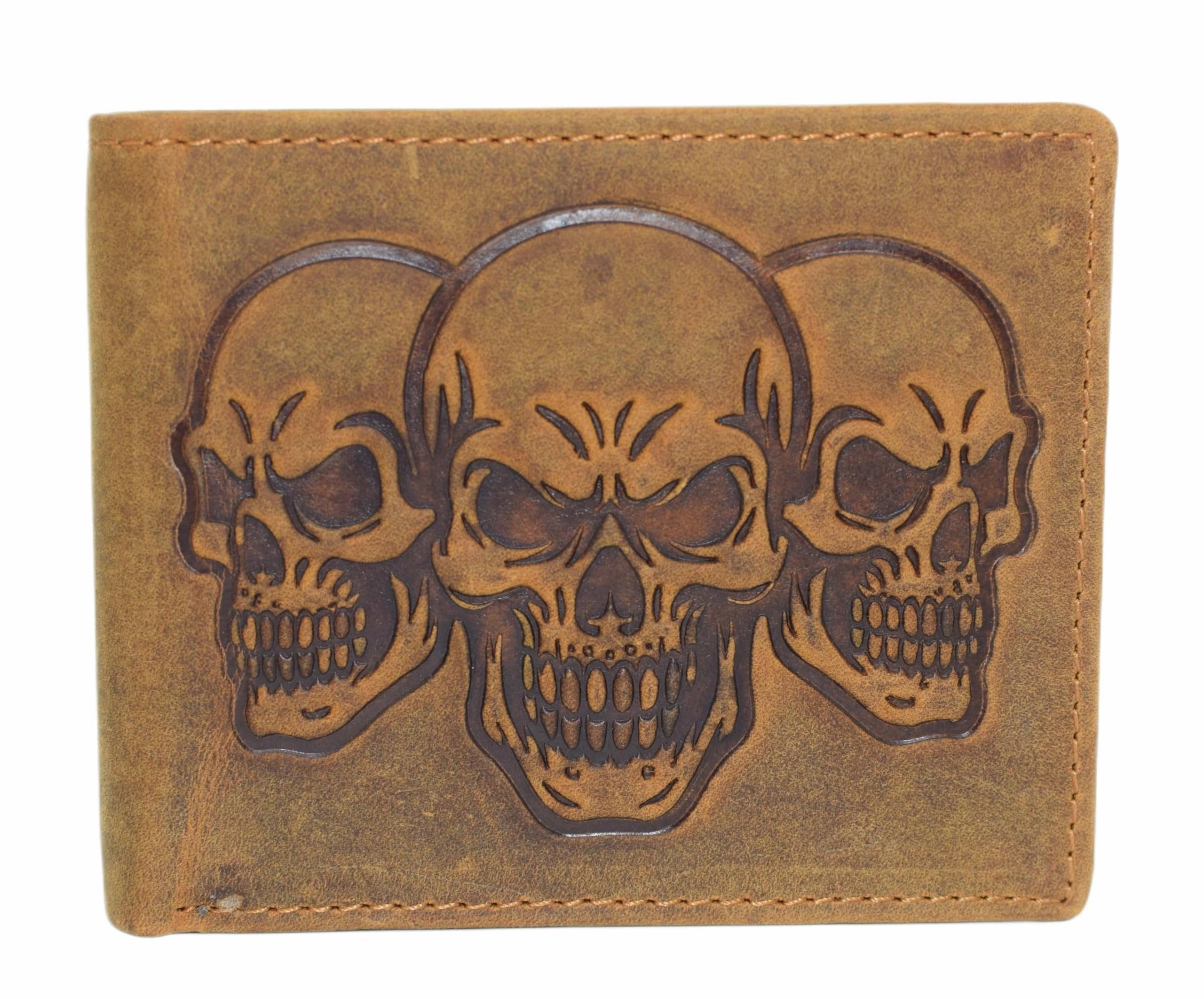 Grab Todays Deal Marshal MenS Rfid Blocking Vintage Leather Bifold Wallet With Triple Skull Debossed Design