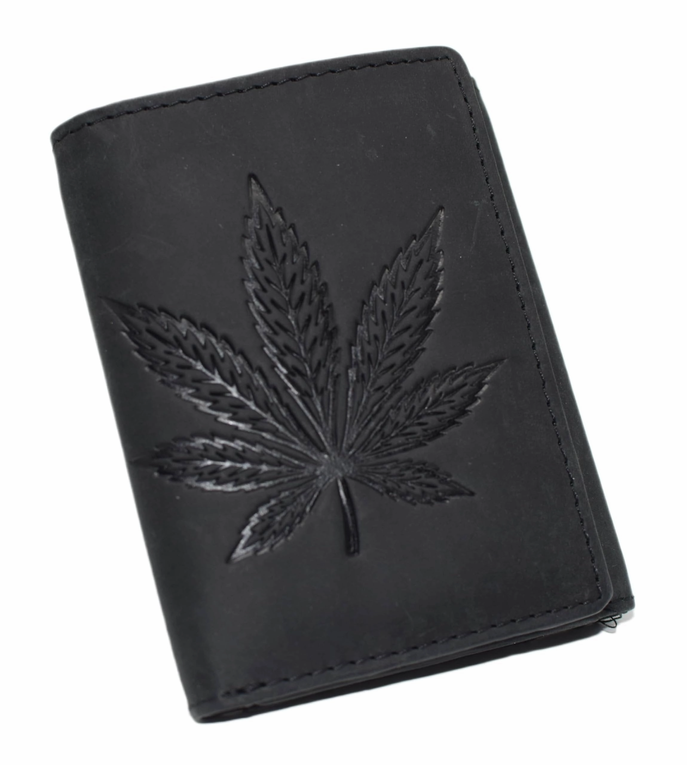 Marshal MenS Vintage Leather Chain Wallet  Trifold Rfid Blocking Biker Wallet With Embossed Marijuana Leaf & Snap Closure Special Online Offer Mega Sale Now