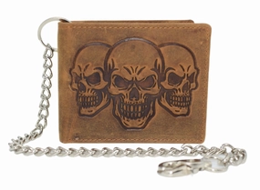 Special Steal Event Trending Hot Picks Marshal Triple Skull Bifold Wallet With Chain  Rfid Blocking Genuine Leather 3 Skull Design Biker Wallet (Tan)