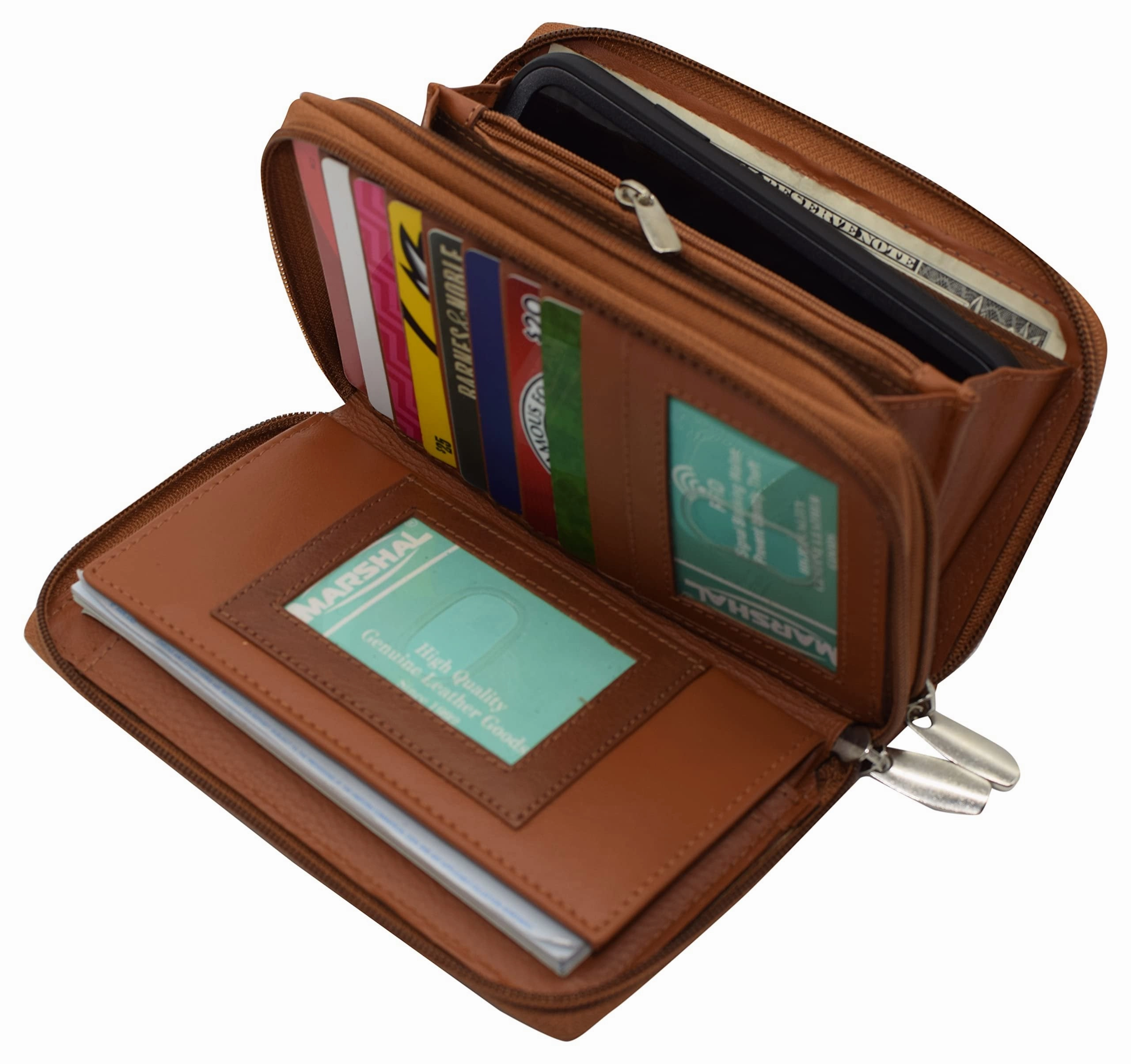 Genuine Leather Womens Rfid Blocking Security Double Zip-Around Indexer Phone Wallet Dont Miss Hot Deals