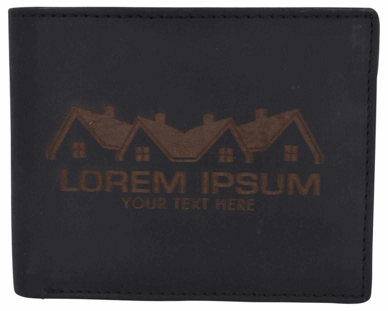 Mens Genuine Leather Real Estate Logo Rfid Bifold Wallet Gift Promo Hot Sale Alert