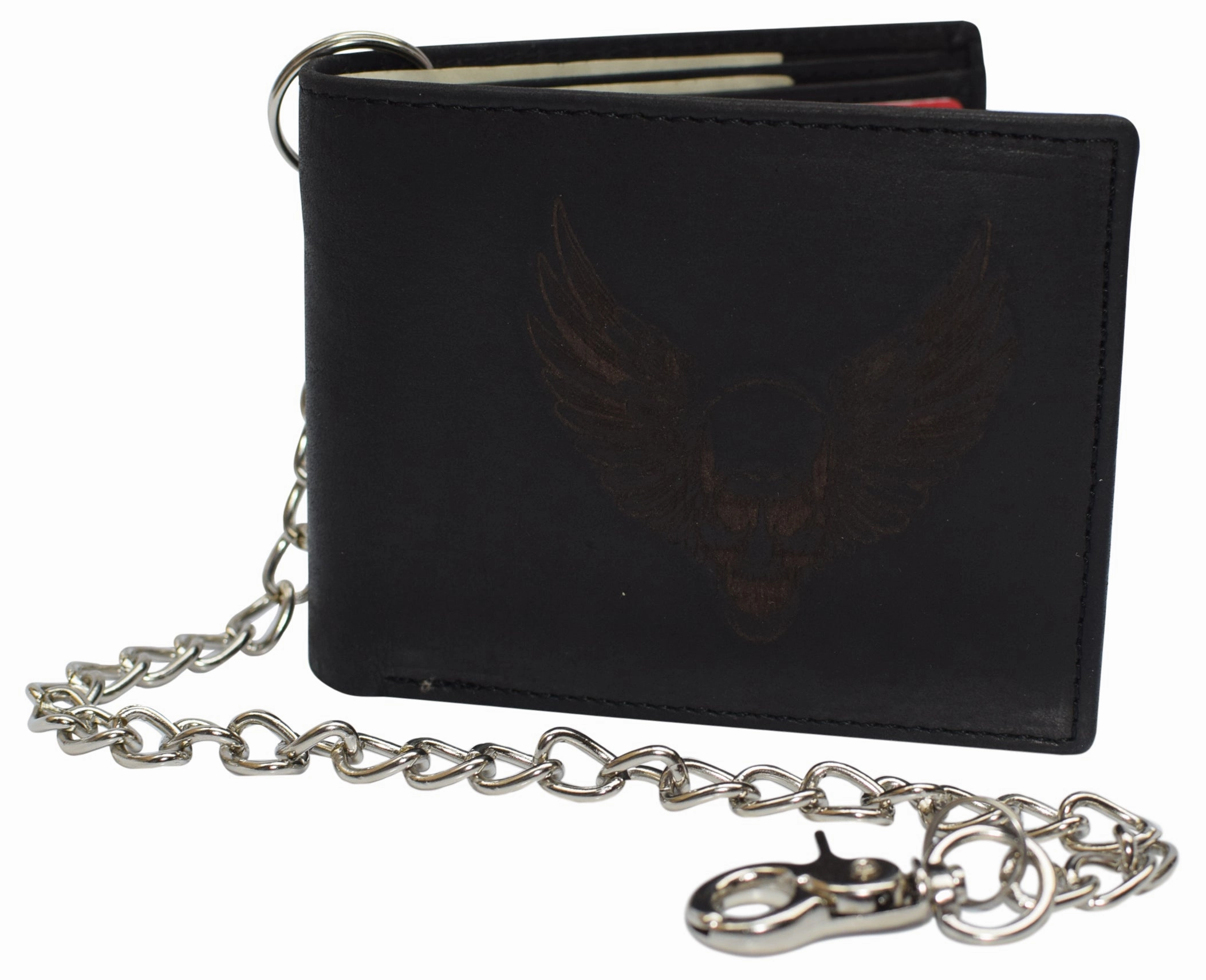Special Price Today Men'S Genuine Leather Rfid Blocking Bifold Chain Logo Wallets Black, Biker Wallet For Men
