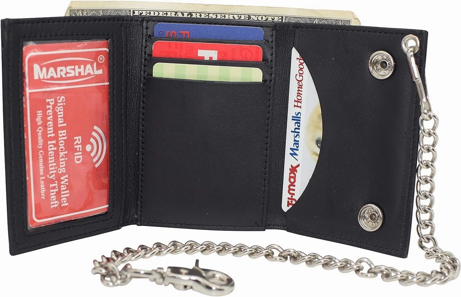 Men'S Motorcycle Rfid Blocking Trifold Biker Genuine Leather Steel Chain Wallet Snap Closure (Motorcycle Blind) Flash Sale Alert Special Price Offer