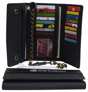 Men'S Rfid Signal Blocking Biker'S Vintage Black Leather Long Tri-Fold Chain Checkbook Card Id Wallet Flash Sale Alert