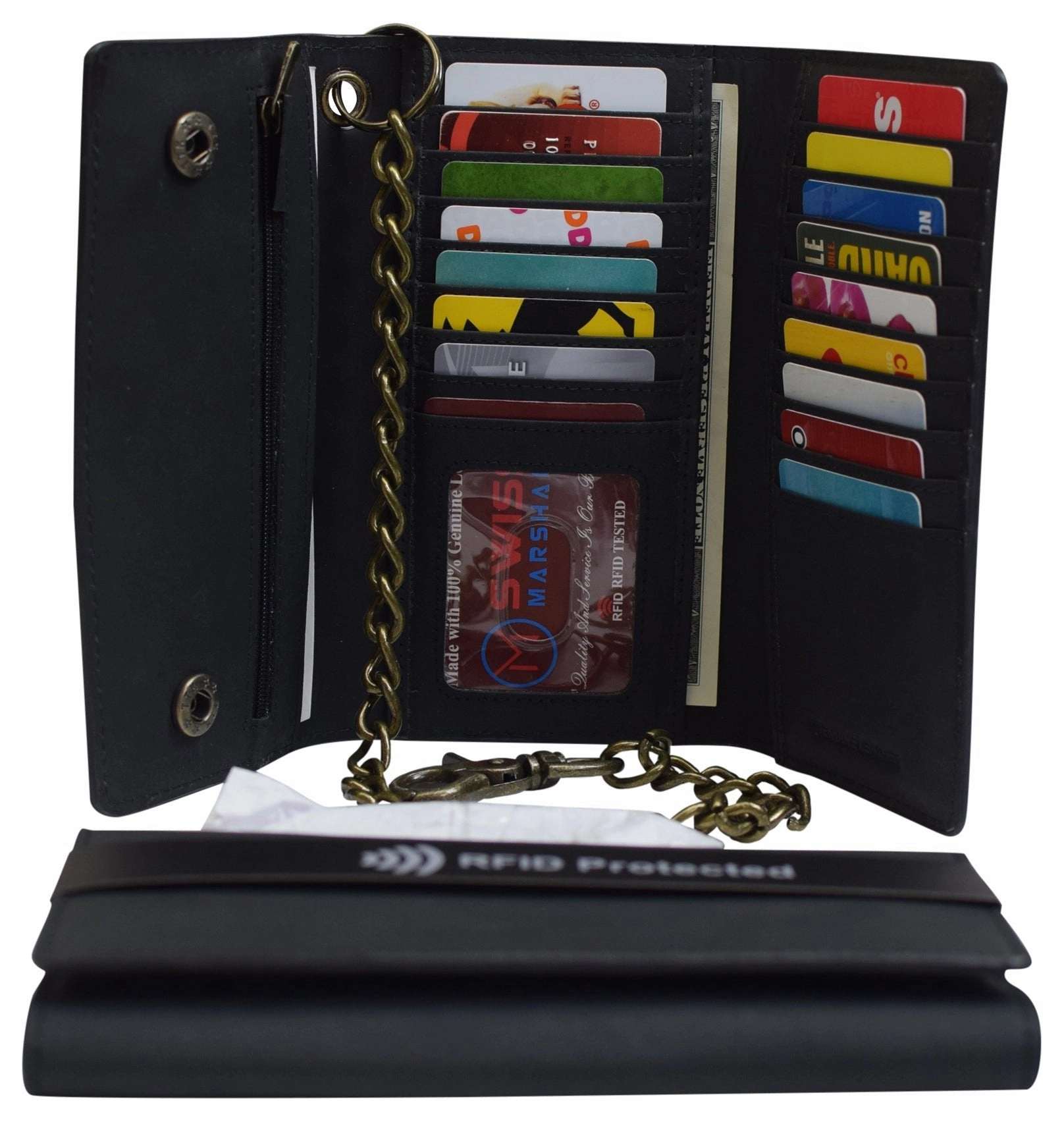 Men'S Rfid Signal Blocking Biker'S Vintage Black Leather Long Tri-Fold Chain Checkbook Card Id Wallet Flash Sale Alert