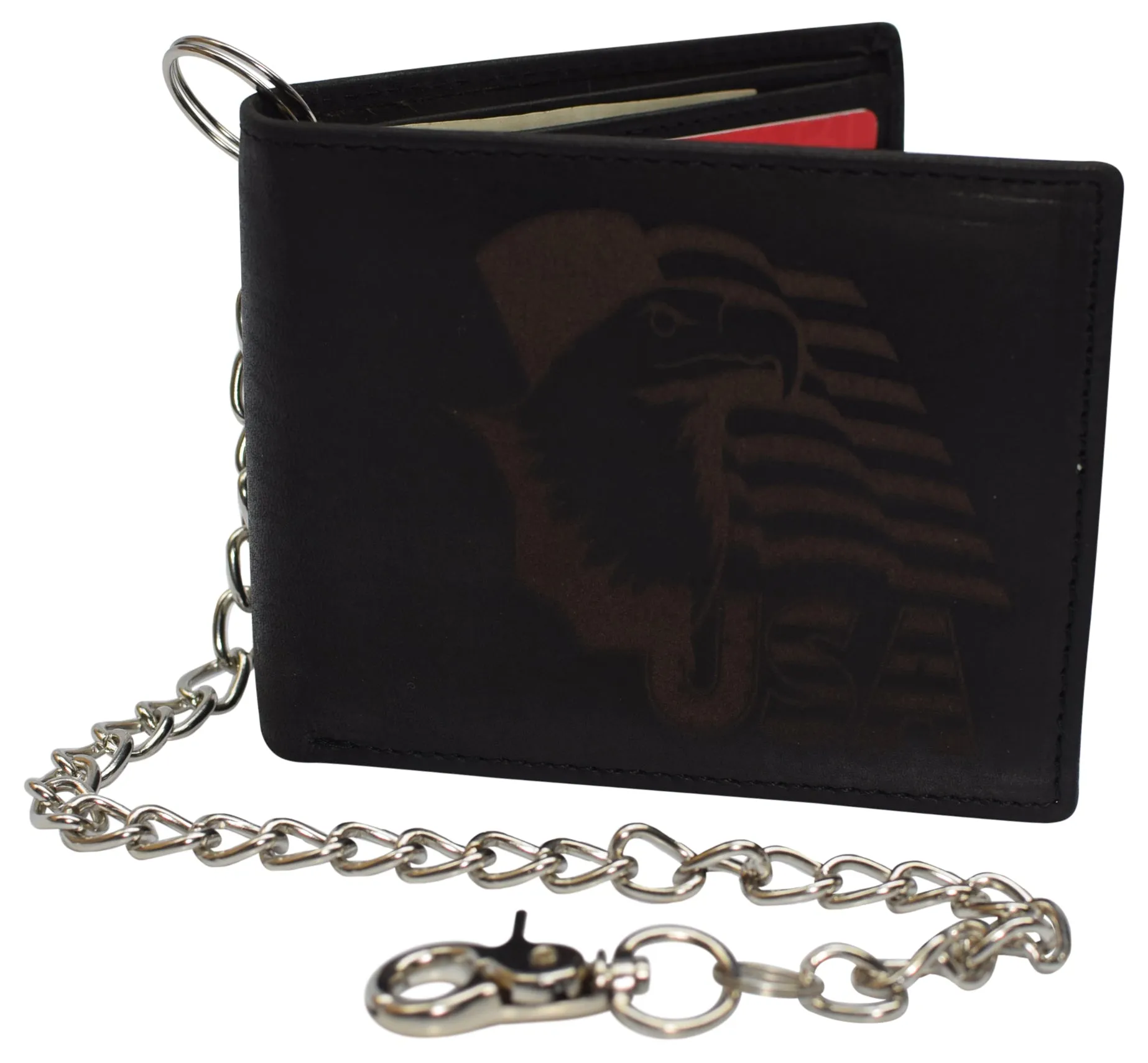 Men'S Genuine Leather Rfid Blocking Bifold Chain Logo Wallets Black, Biker Wallet For Men Hot Savings Alert