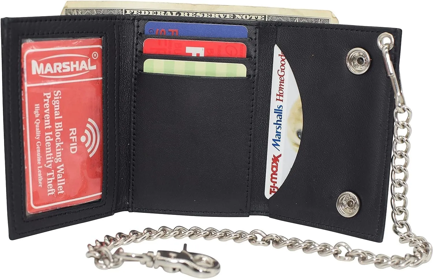 Men'S Motorcycle Rfid Blocking Trifold Biker Genuine Leather Steel Chain Wallet Snap Closure (Motorcycle Blind) Flash Sale Alert Special Price Offer