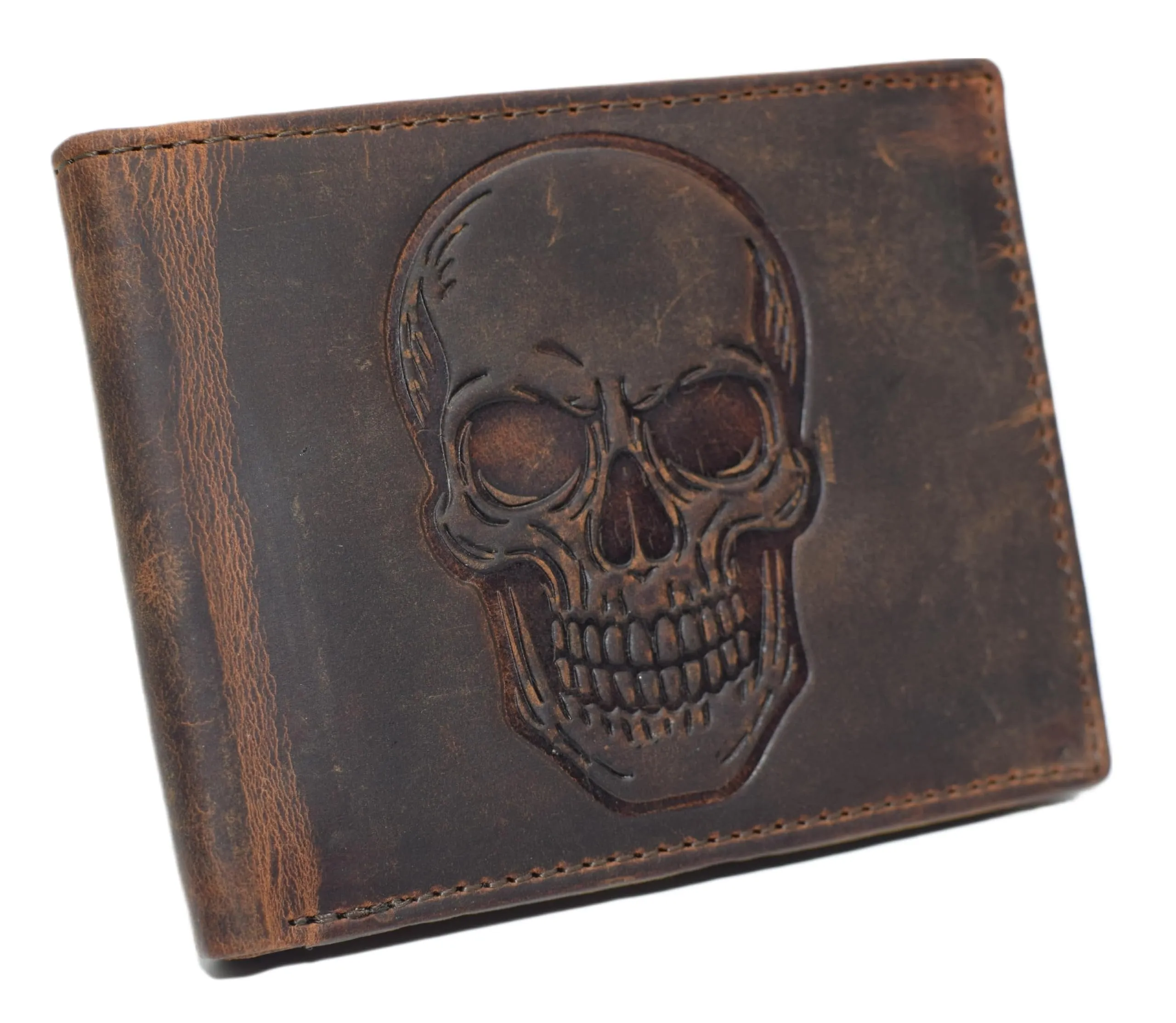MenS Rfid Blocking Bifold Distressed Leather Wallet  Vintage Skull Design  Slim Trifold Interior With Card Slots, Id Window & Cash Compartment (Brown) Flash Sale Alert
