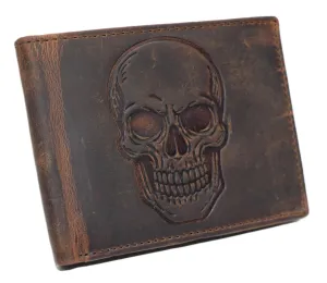 MenS Rfid Blocking Bifold Distressed Leather Wallet  Vintage Skull Design  Slim Trifold Interior With Card Slots, Id Window & Cash Compartment (Brown) MustHave Clearance