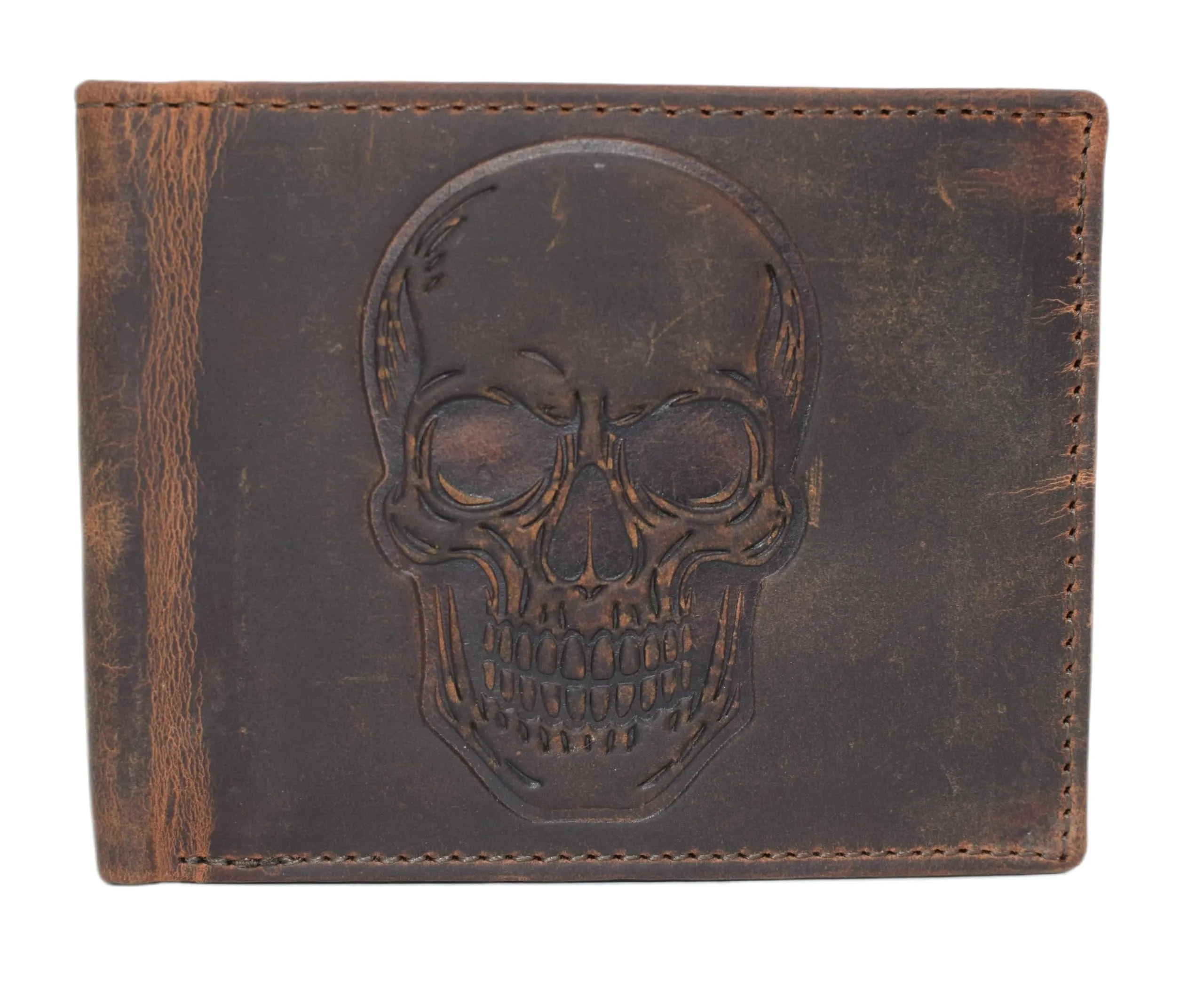 Grab It Before Gone MenS Rfid Blocking Bifold Distressed Leather Wallet  Vintage Skull Design  Slim Trifold Interior With Card Slots, Id Window & Cash Compartment (Brown)