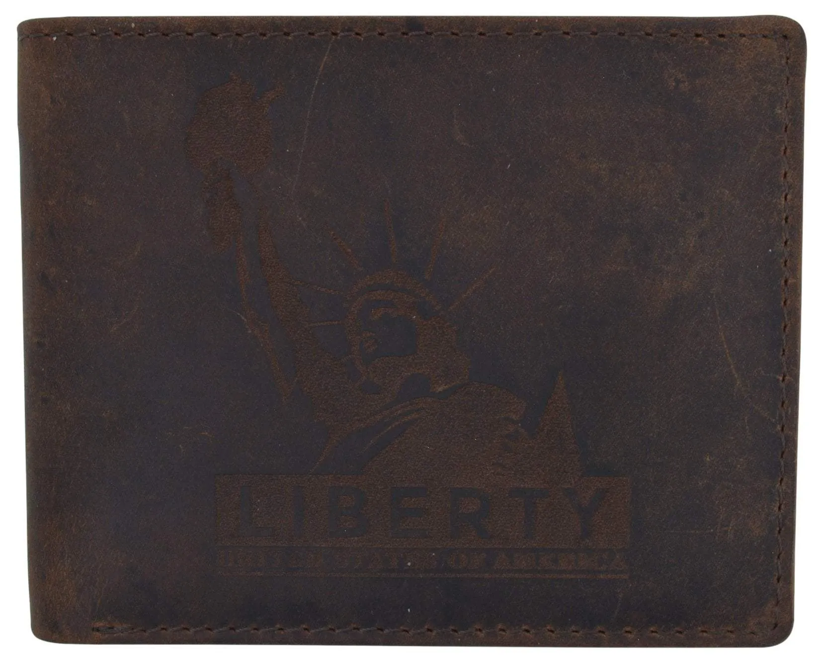 Clearance Sale Mens Rfid Blocking Cowhide Leather Bifold Wallet Statue Of Liberty Logo