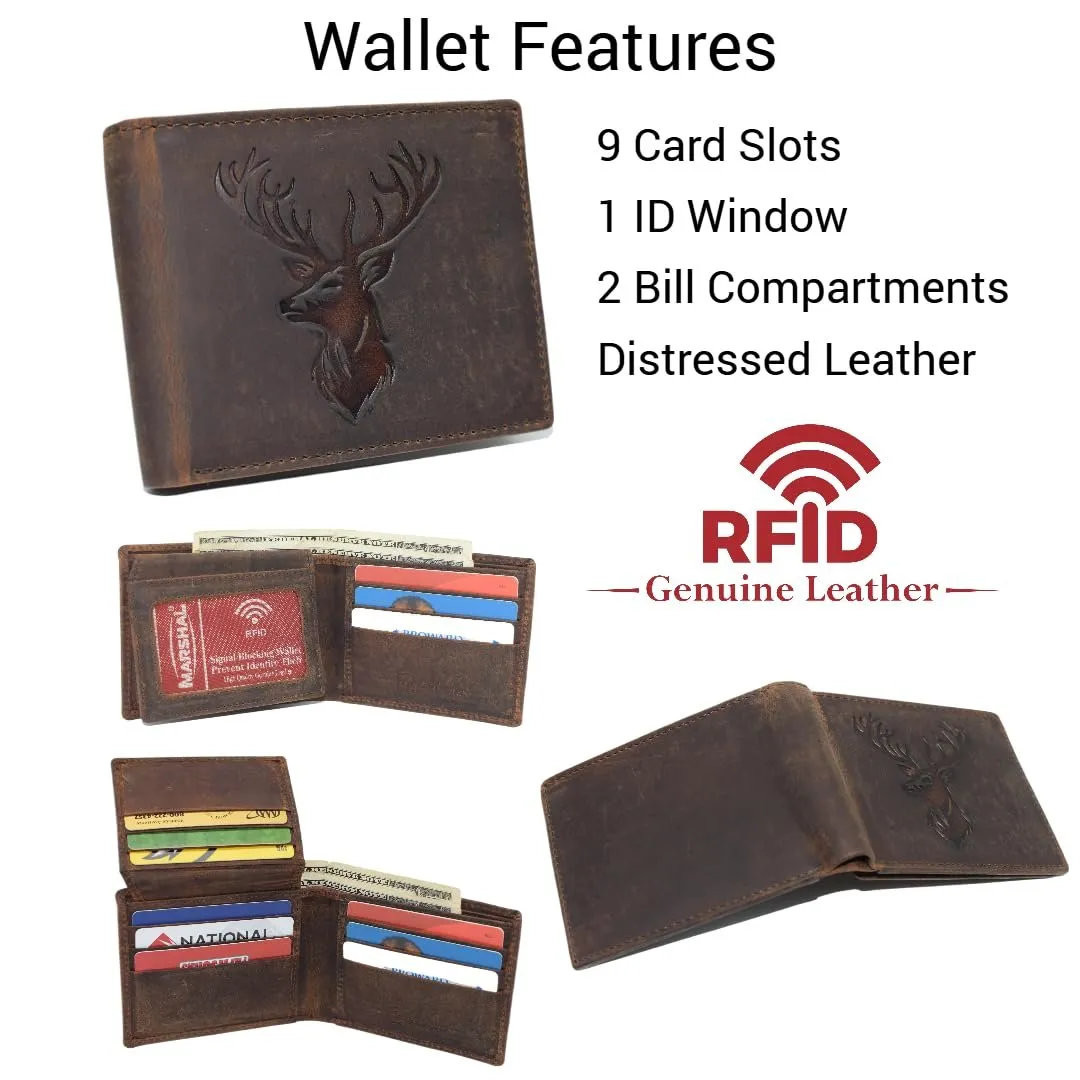 Flash Pick Today Todays Hot Savings MenS Rfid Blocking Deer Head Leather Wallet  Rustic Genuine Leather Bifold For Hunters & Outdoorsmen (Brown)