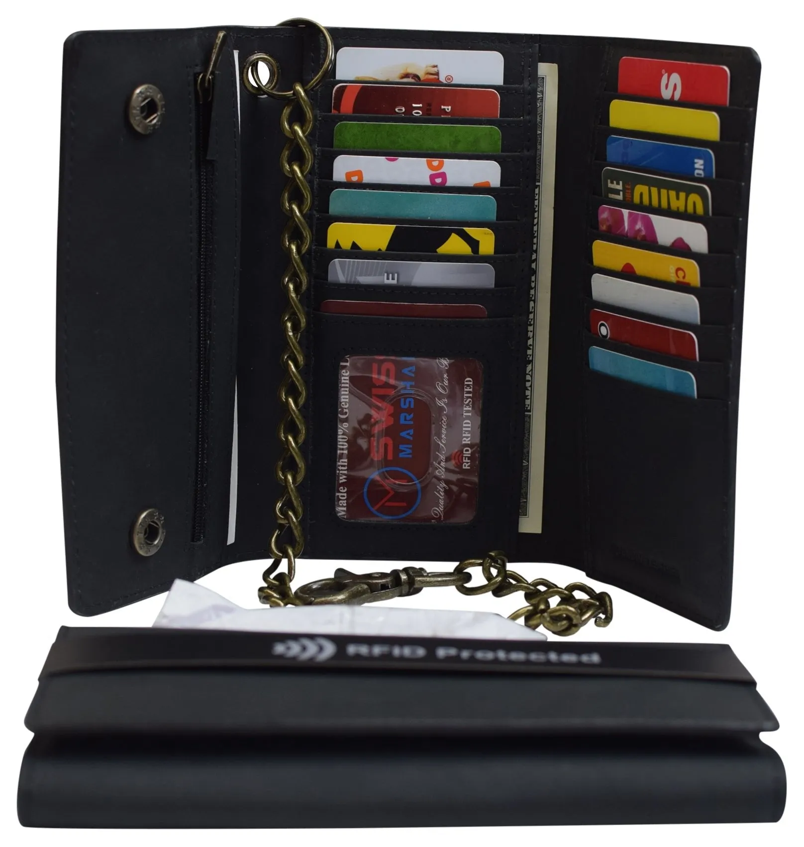 Men'S Rfid Signal Blocking Biker'S Vintage Black Leather Long Tri-Fold Chain Checkbook Card Id Wallet Flash Sale Alert