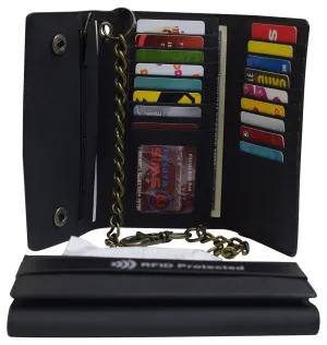 Men'S Rfid Signal Blocking Biker'S Vintage Black Leather Long Tri-Fold Chain Checkbook Card Id Wallet Flash Sale Alert