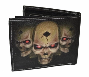 Perfect Gift Sale Mens Bifold Exotic Wallet Picture 3 Skulls With Printed Gift Box