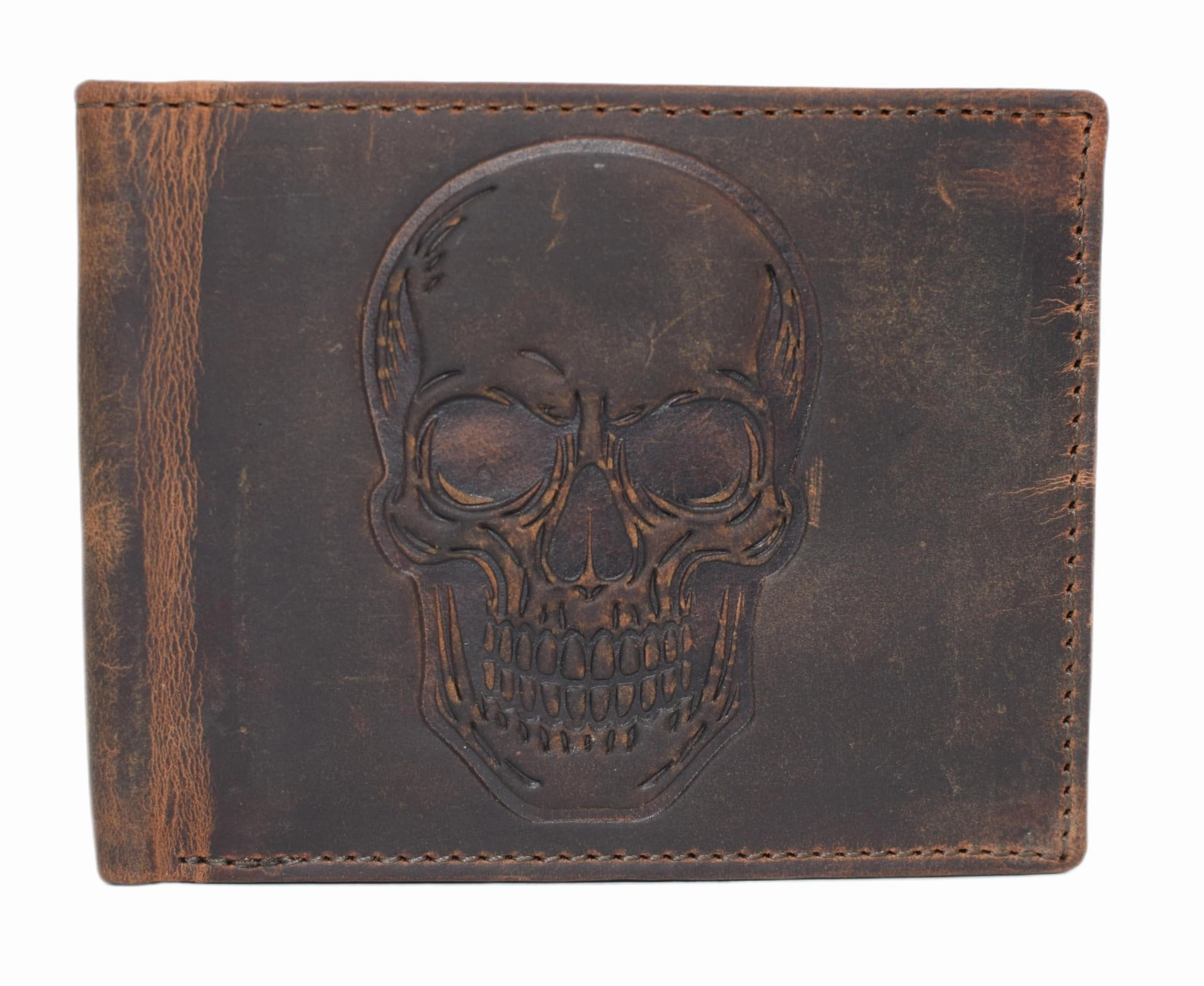 Grab It Before Gone MenS Rfid Blocking Bifold Distressed Leather Wallet  Vintage Skull Design  Slim Trifold Interior With Card Slots, Id Window & Cash Compartment (Brown)