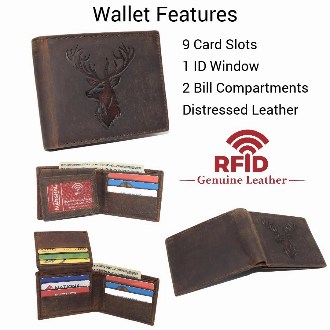Flash Pick Today Todays Hot Savings MenS Rfid Blocking Deer Head Leather Wallet  Rustic Genuine Leather Bifold For Hunters & Outdoorsmen (Brown)