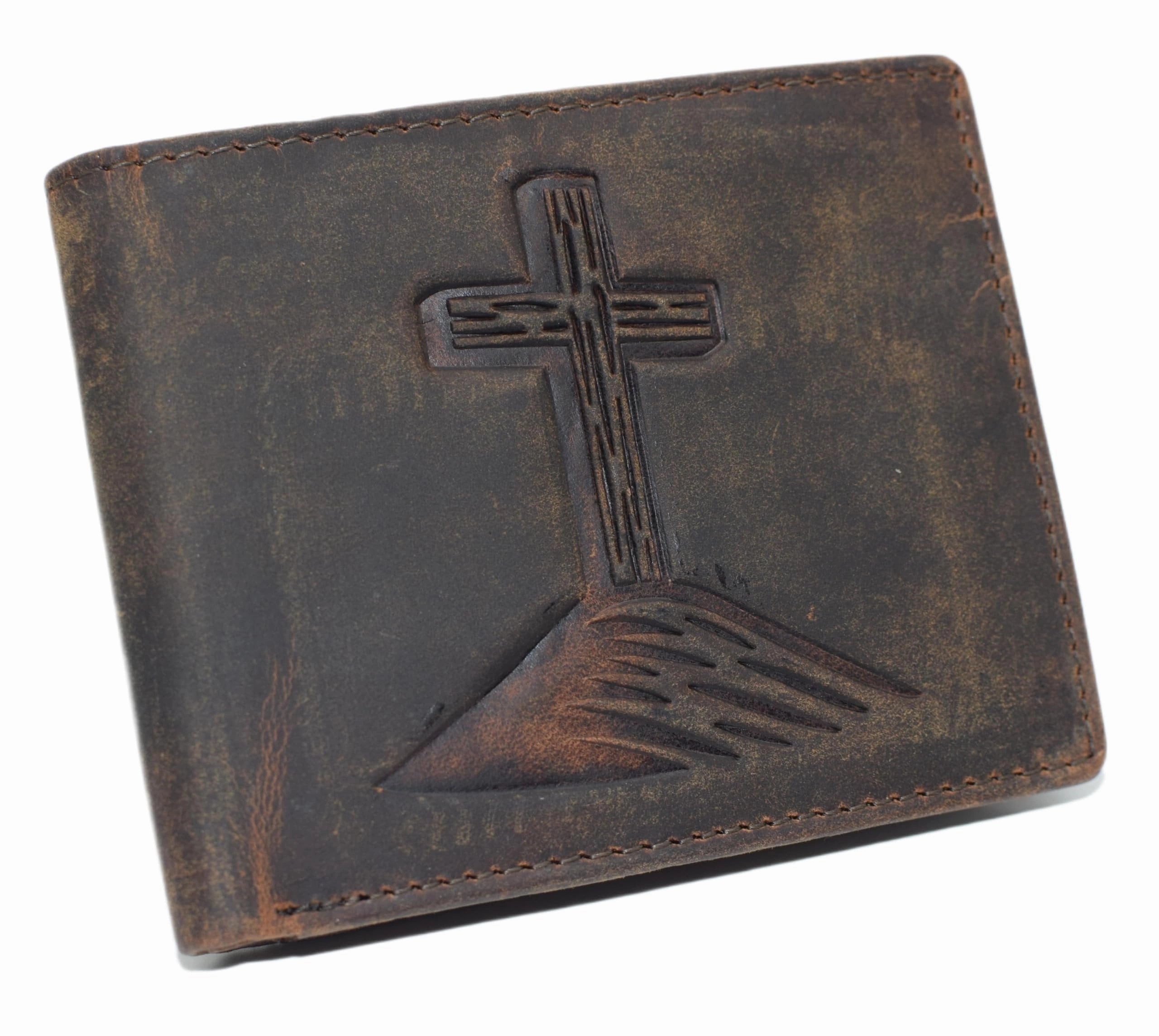 Hot Pick of the Day Grab It Now MenS Rfid Blocking Wallet  Christian Cross Design, Vintage Leather Bifold (Brown)