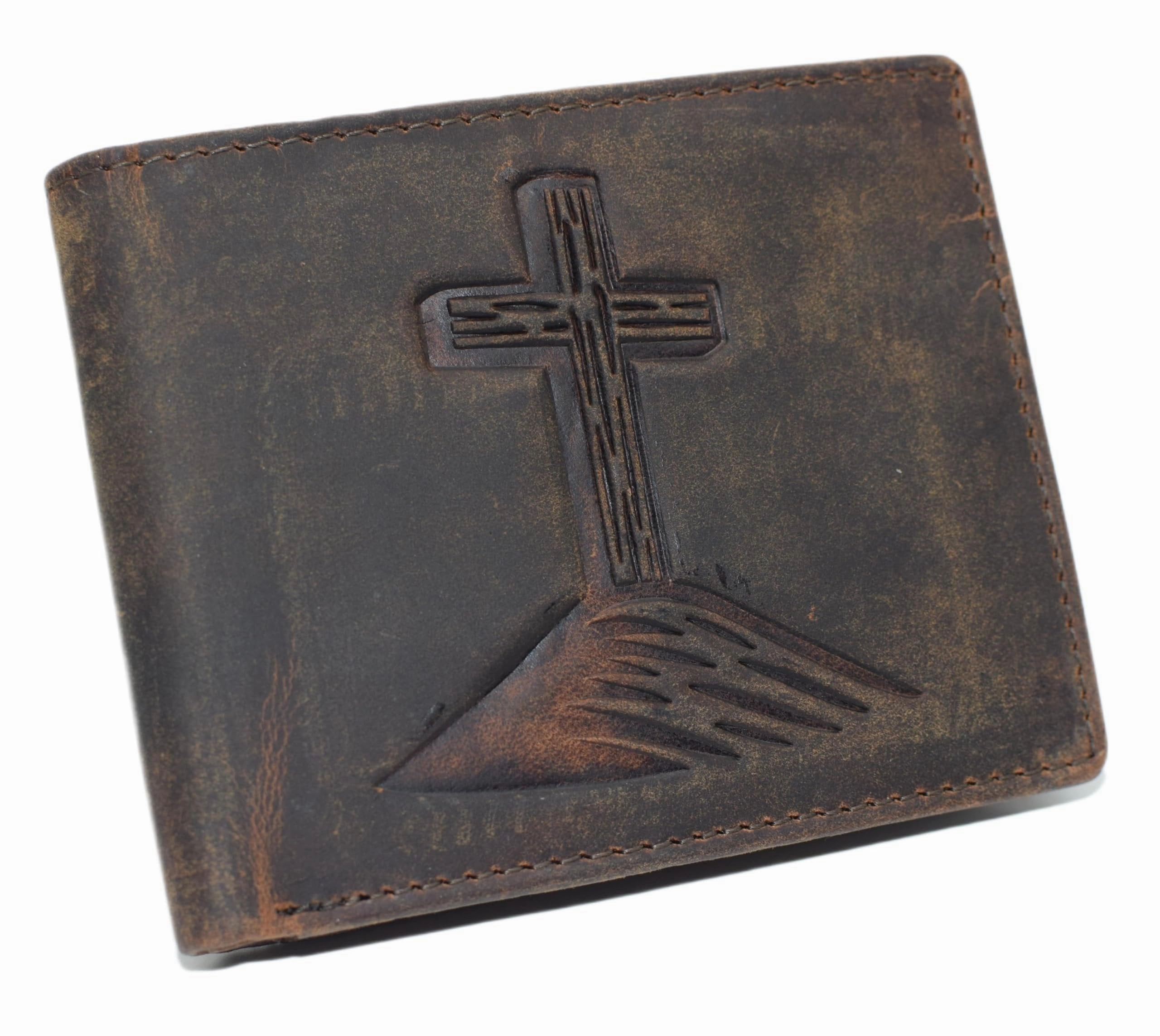 Hot Sale Today Instant Savings Deal MenS Rfid Blocking Wallet  Christian Cross Design, Vintage Leather Bifold (Brown)