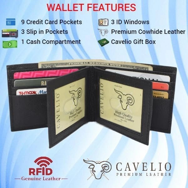 Mens Wallet Rfid Genuine Leather Bifold Wallets For Men, 3 Id Windows 12 Card Holders Gift Box (Brown) Today Only Hot Sale