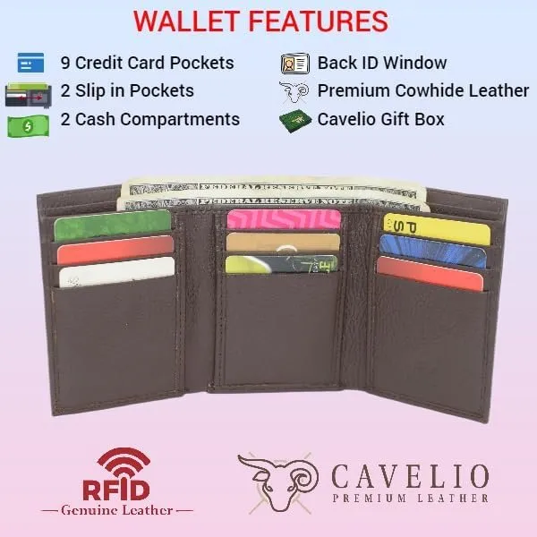 Cavelio Genuine Leather Mens Rfid Blocking Slim Trifold Wallet Back Id Window With Gift Box (Black) Hot Deals Today Today Only Steal