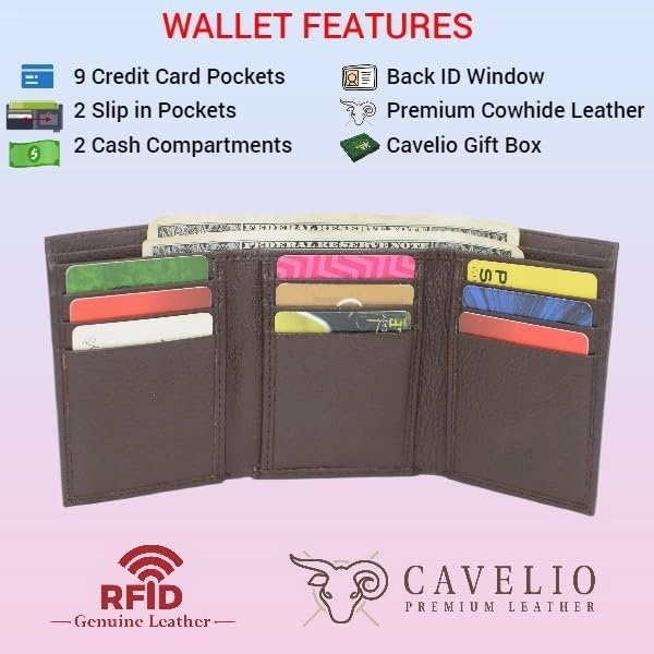 Cavelio Genuine Leather Mens Rfid Blocking Slim Trifold Wallet Back Id Window With Gift Box (Black) Hot Deals Today Today Only Steal